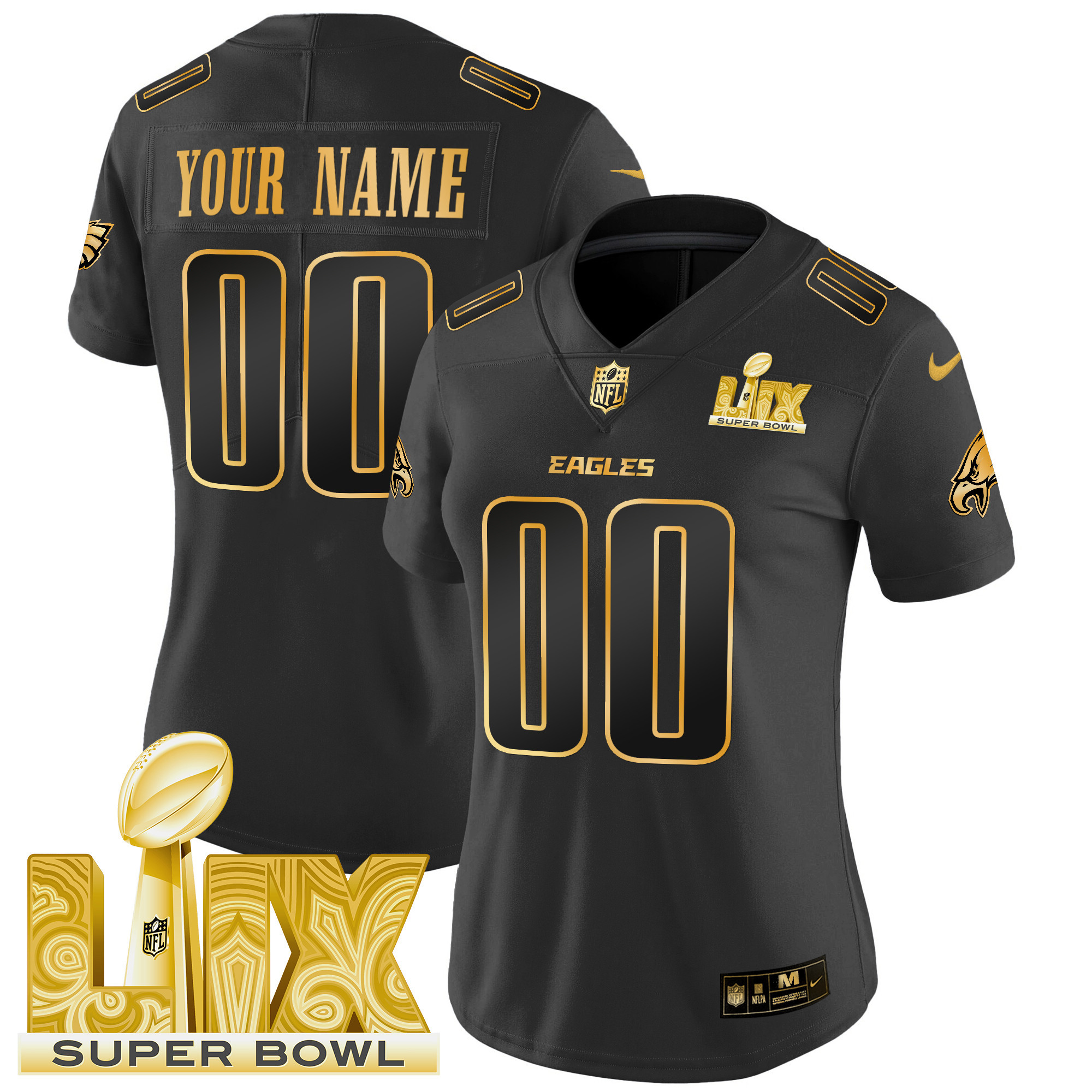 Women's Philadelphia Eagles Super Bowl LIX Patch Gold Vapor Limited Custom Black Gold Jersey - All Stitched