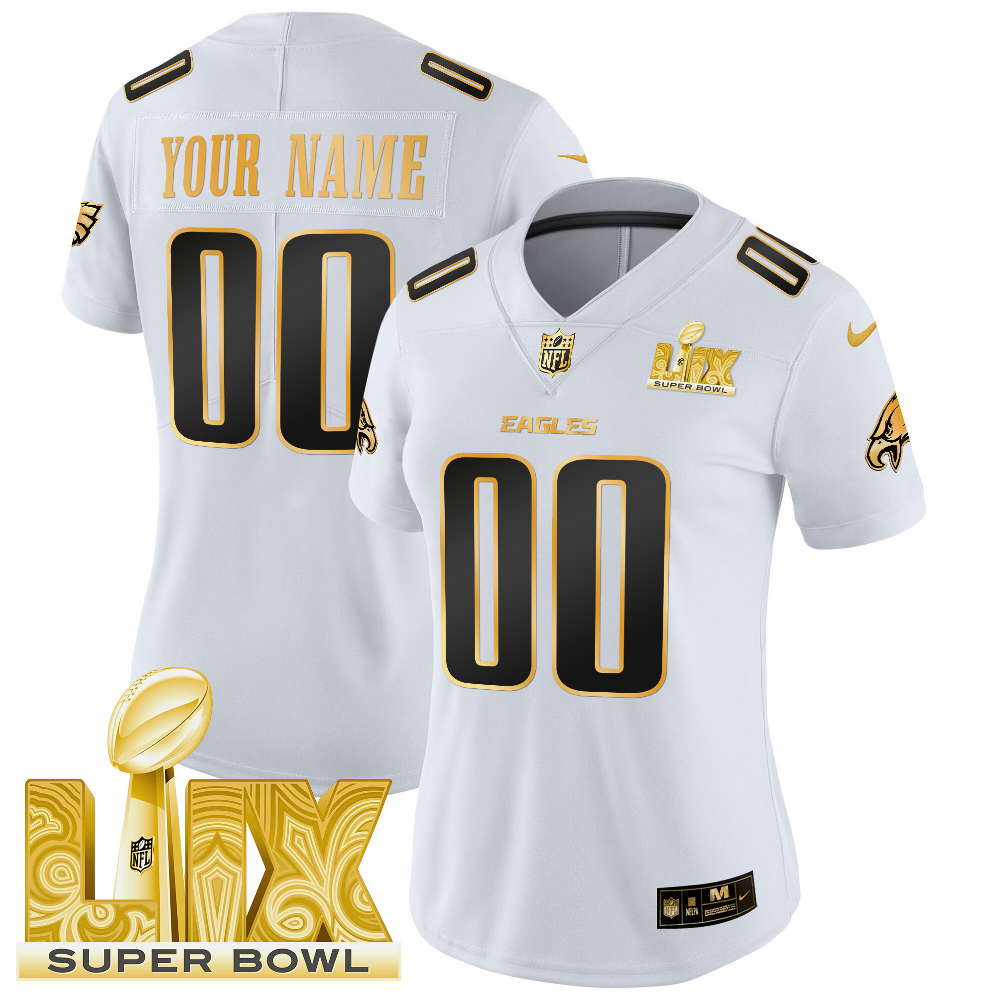 Women's Philadelphia Eagles Super Bowl LIX Patch Gold Vapor Limited Custom White Gold Jersey - All Stitched