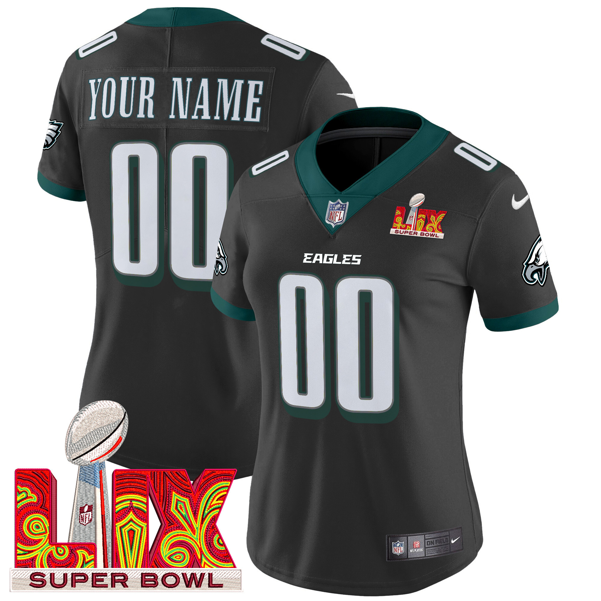 Women's Philadelphia Eagles Super Bowl LIX Patch Vapor Limited Custom Black Jersey - All Stitched