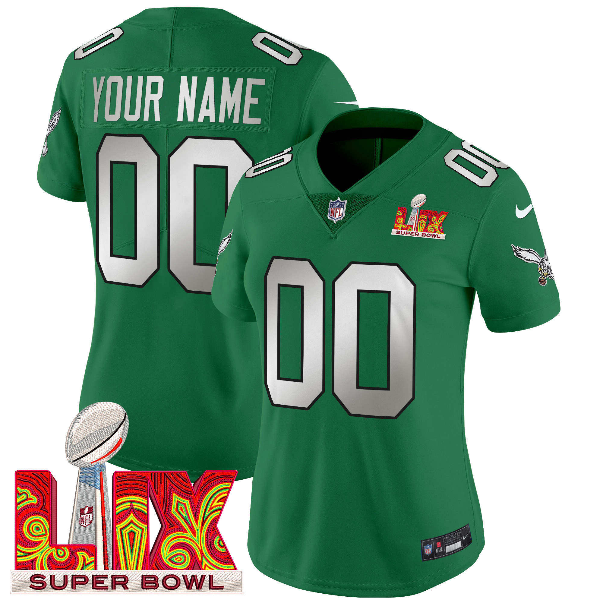 Women's Philadelphia Eagles Super Bowl LIX Patch Vapor Limited Custom Kelly Green Jersey - All Stitched