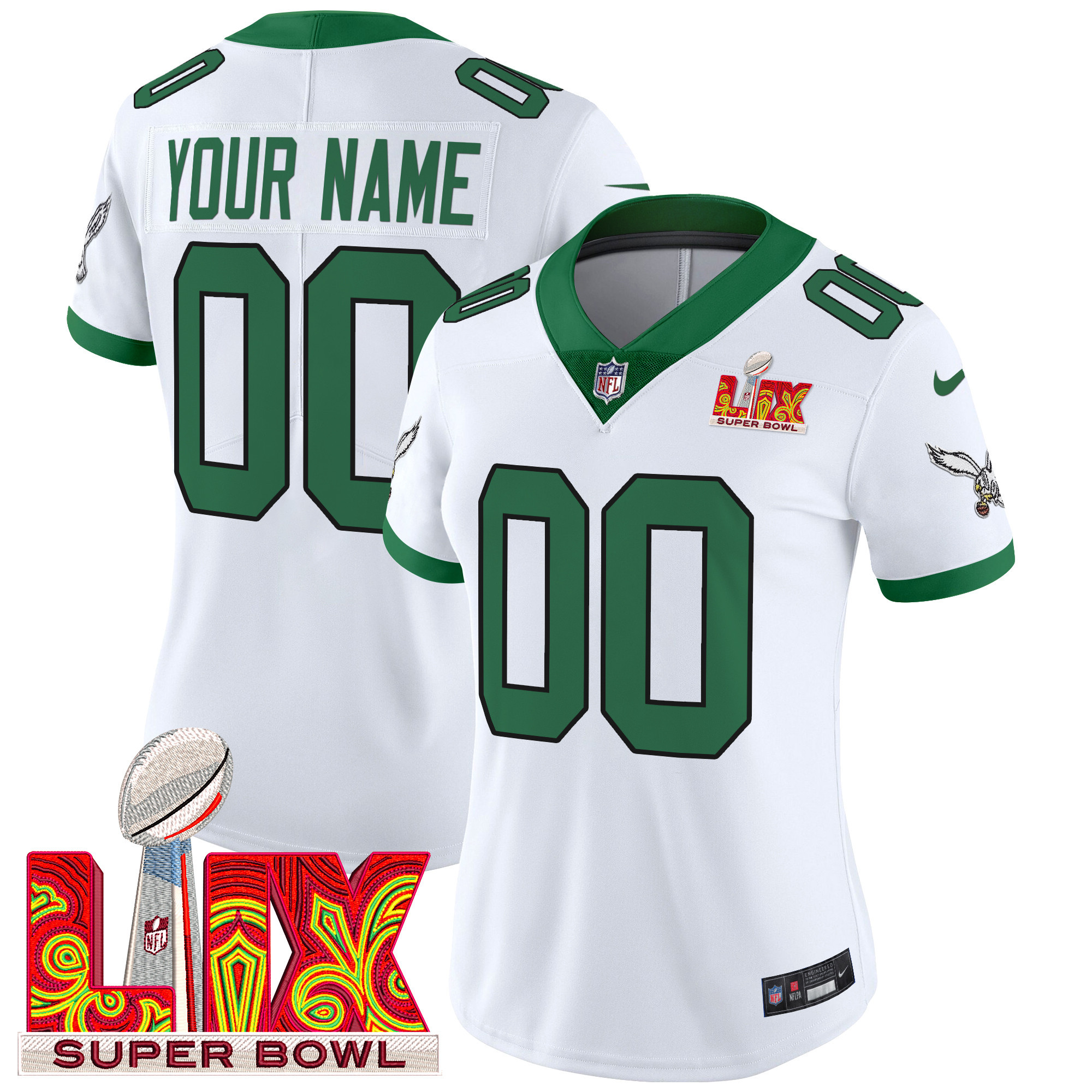 Women's Philadelphia Eagles Super Bowl LIX Patch Vapor Limited Custom Kelly White Jersey - All Stitched