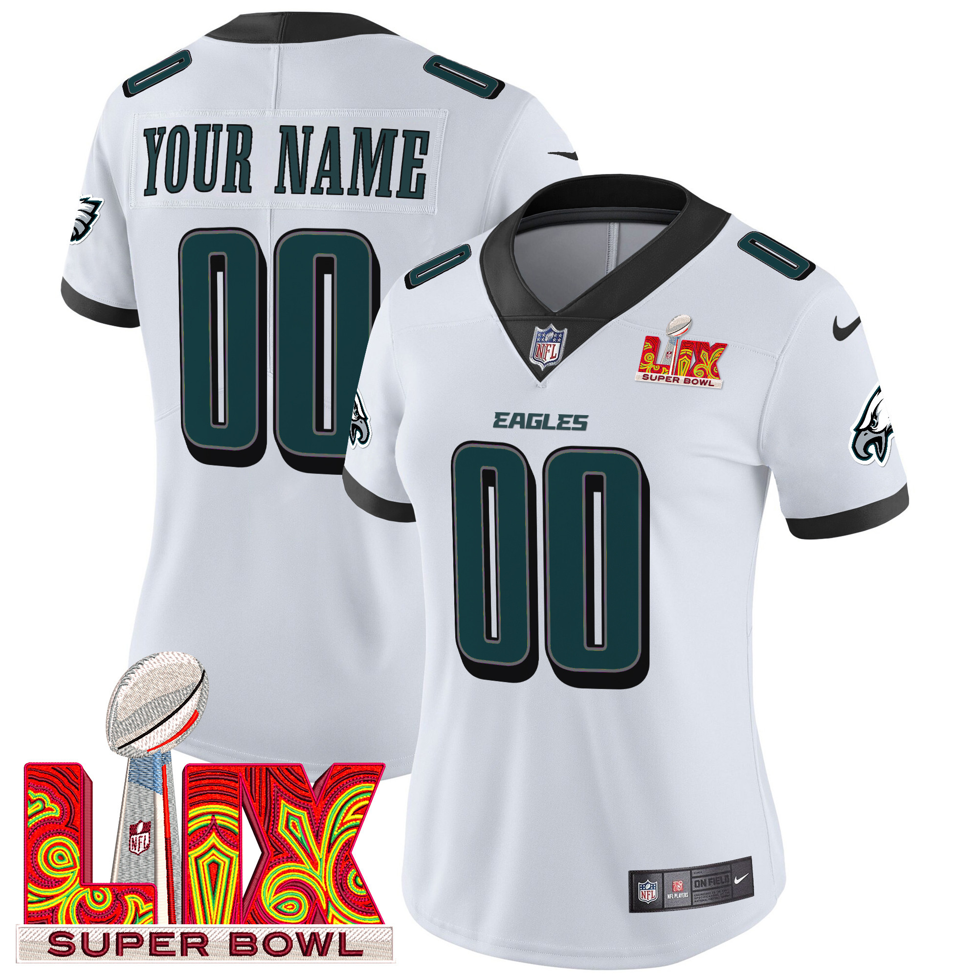 Women's Philadelphia Eagles Super Bowl LIX Patch Vapor Limited Custom White Jersey - All Stitched