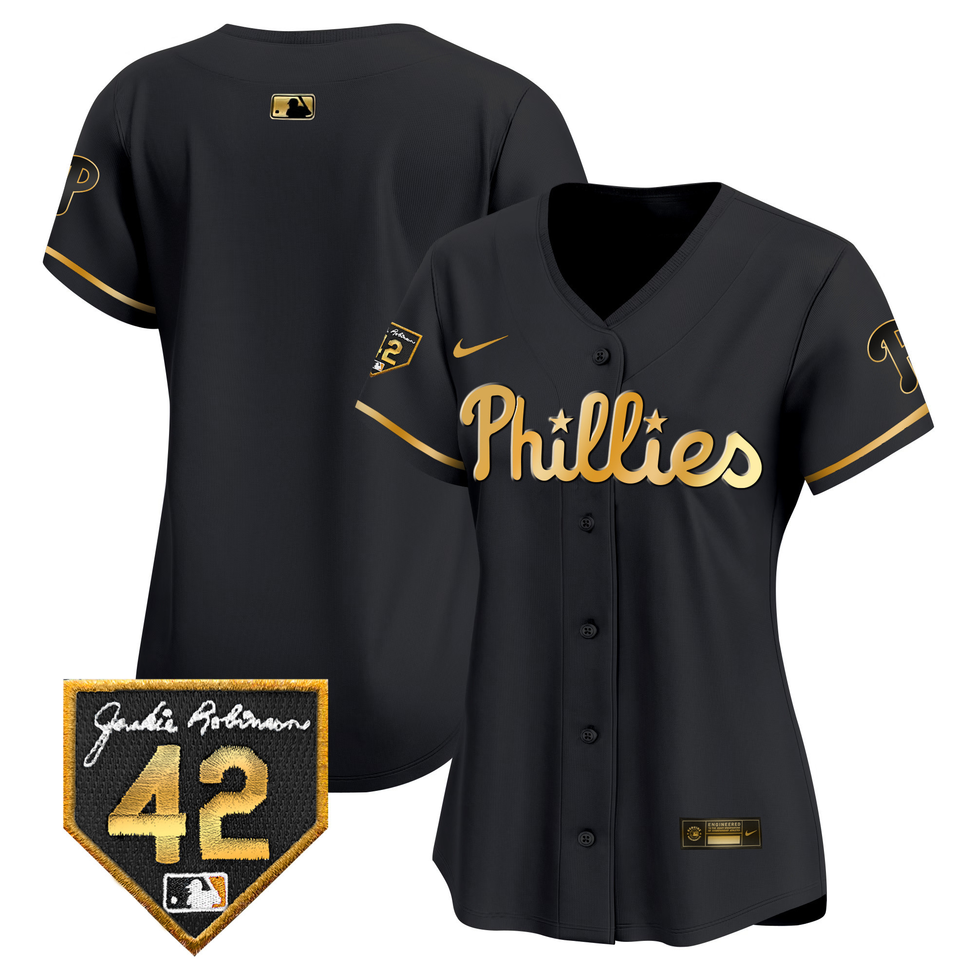 Women's Philadelphia Phillies 2024 Jackie Robinson Patch Vapor Premier Limited Black Gold Jersey - All Stitched