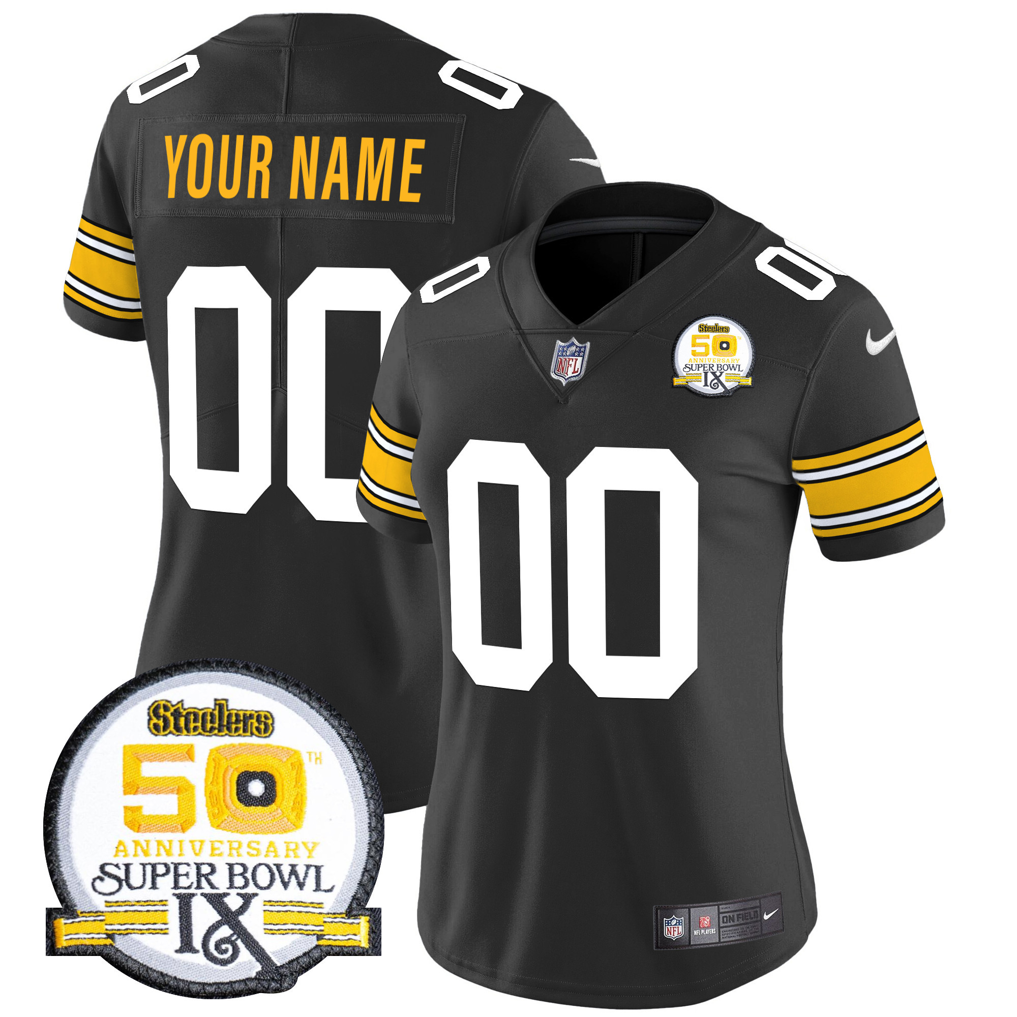 Women's Pittsburgh Steelers 50th Anniversary Of Super Bowl IX Patch Vapor Limited Custom 1975 Throwback Jersey - All Stitched