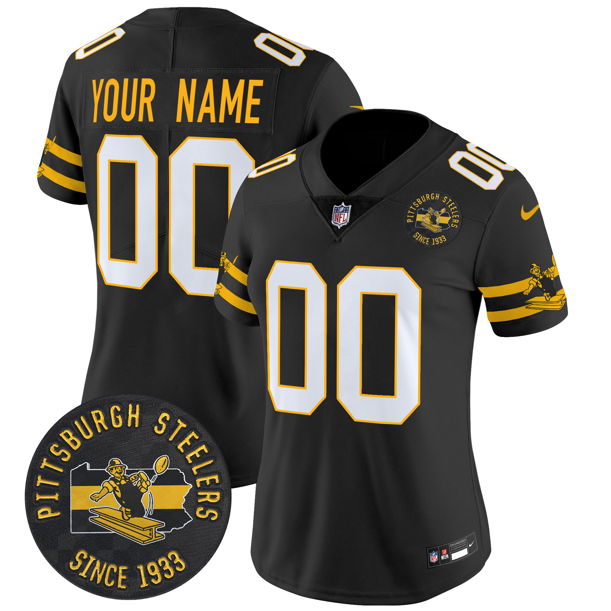 Women's Pittsburgh Steelers Throwback 1933 Patch Vapor Limited Custom Black Jersey - All Stitched