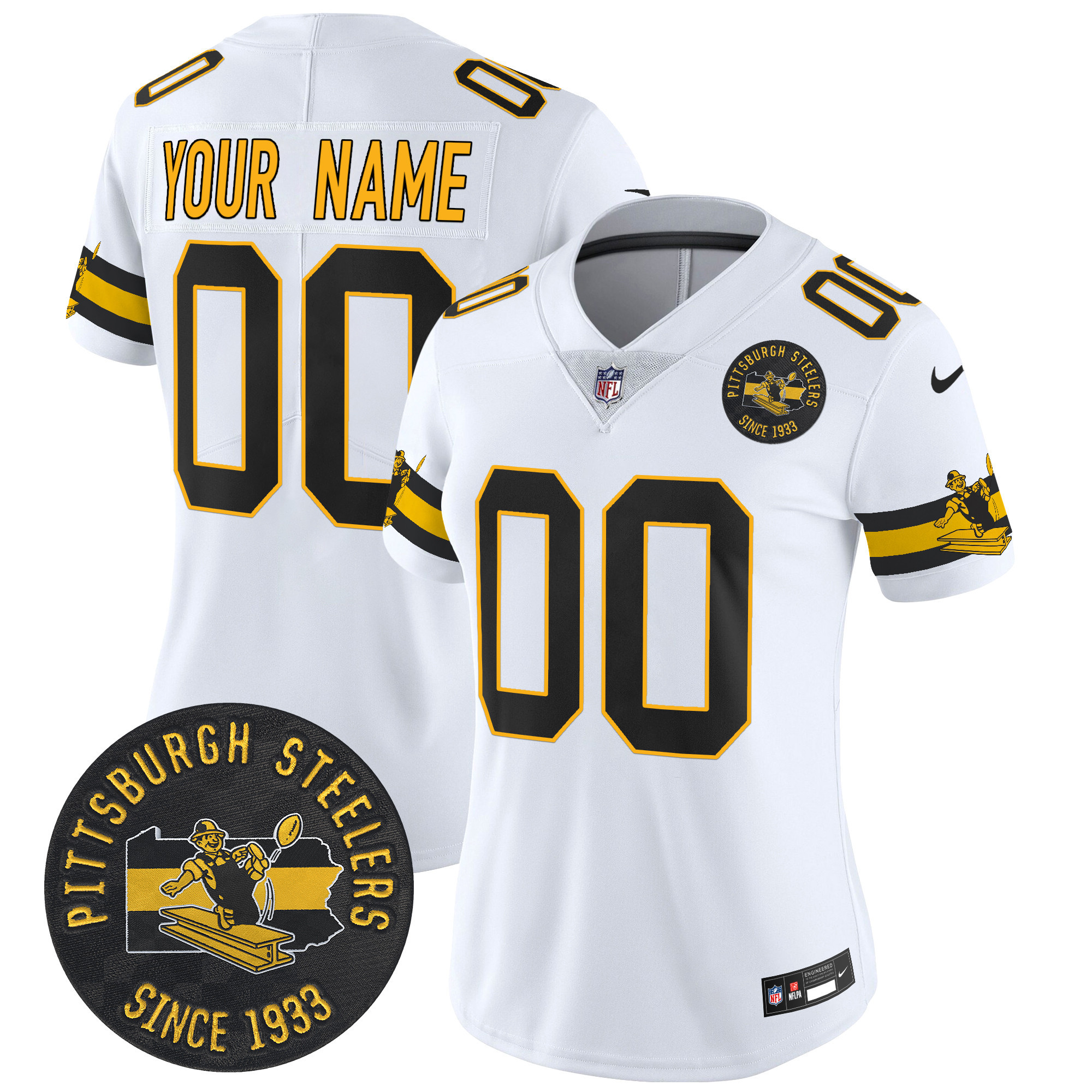 Women's Pittsburgh Steelers Throwback 1933 Patch Vapor Limited Custom White Jersey - All Stitched