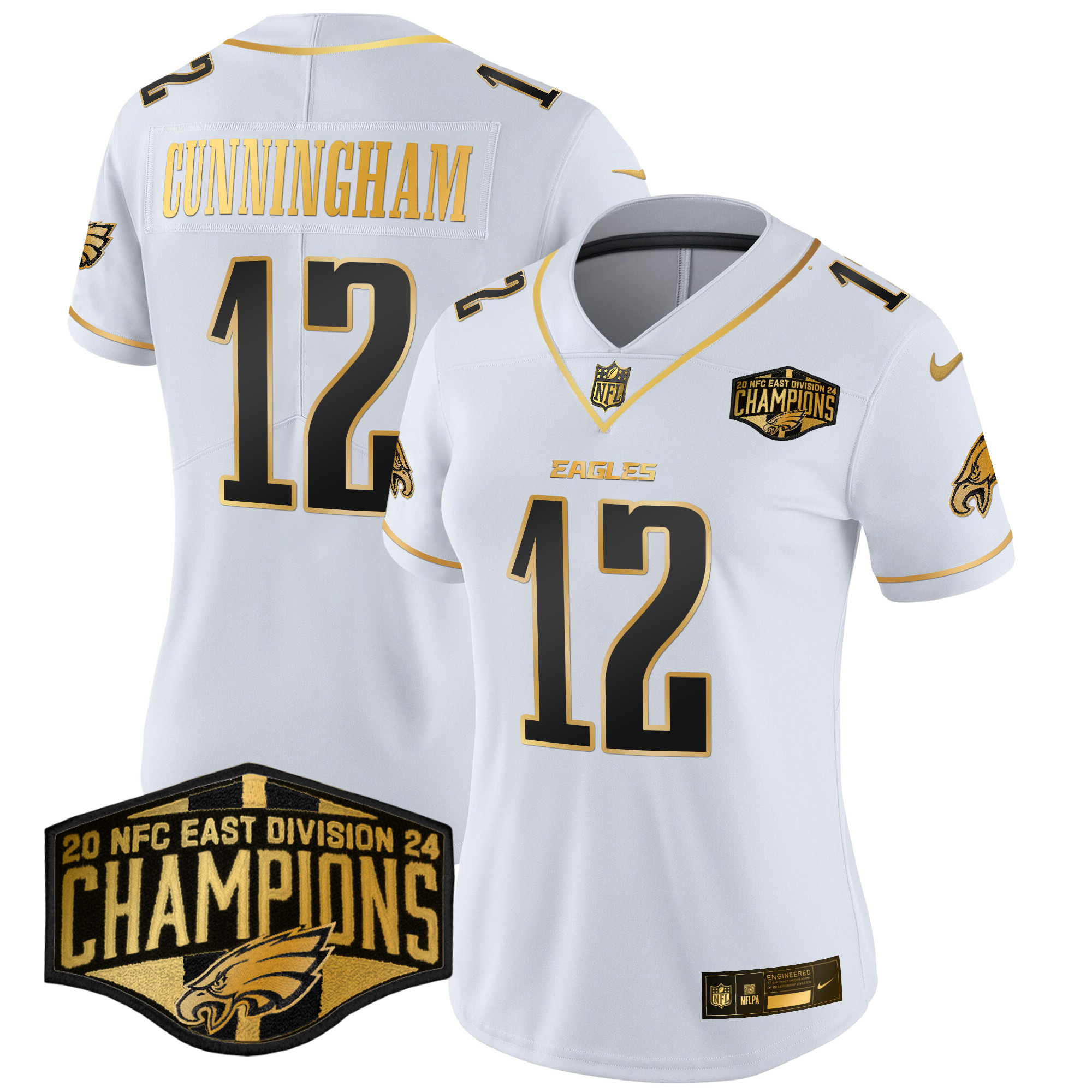 Women's Randall Cunningham Philadelphia Eagles 2024 NFC East Division Champions Gold Vapor Limited White Gold Jersey - All Stitched