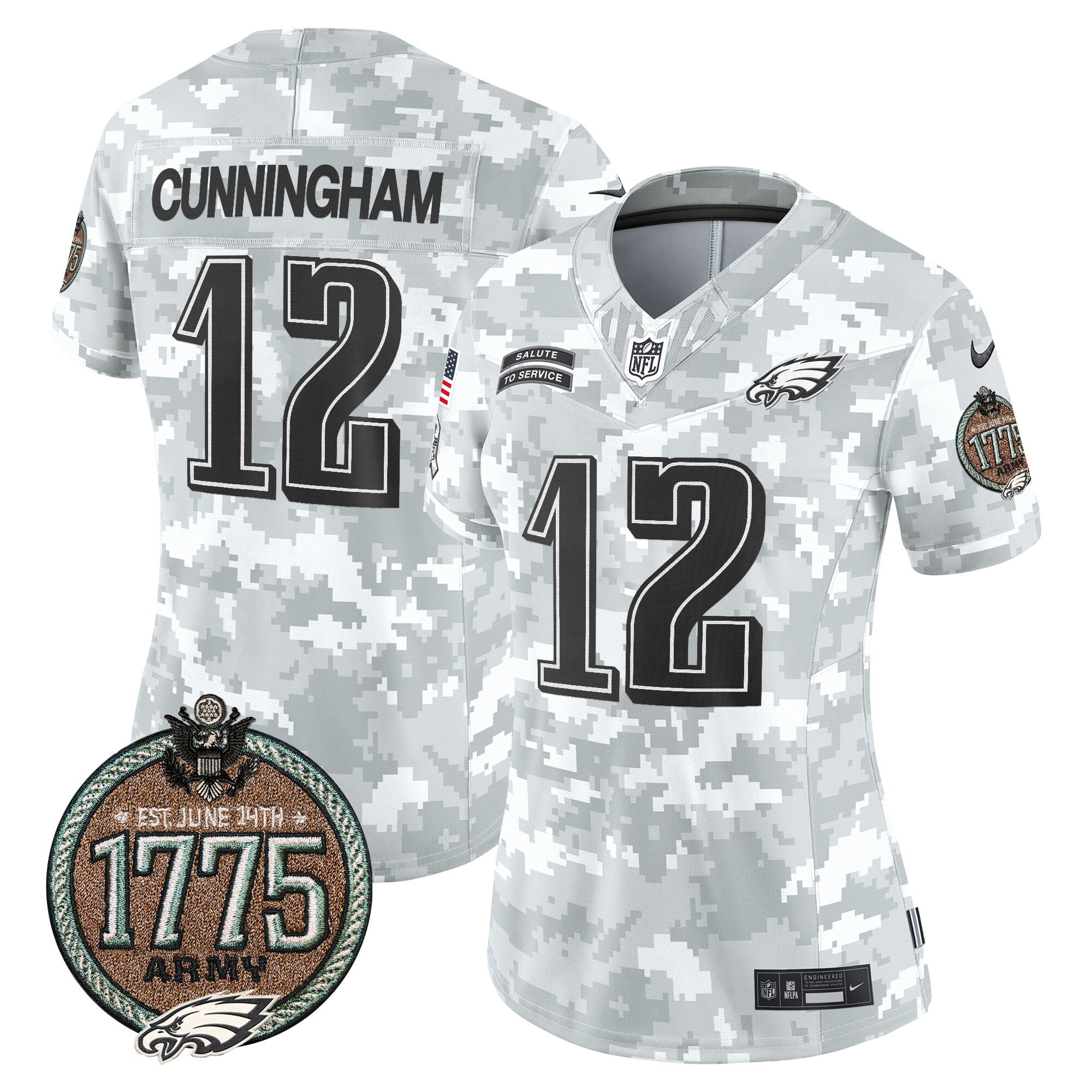 Women's Randall Cunningham Philadelphia Eagles 2024 Salute to Service Establishment Year Patch Vapor Limited Army Jersey - All Stitched