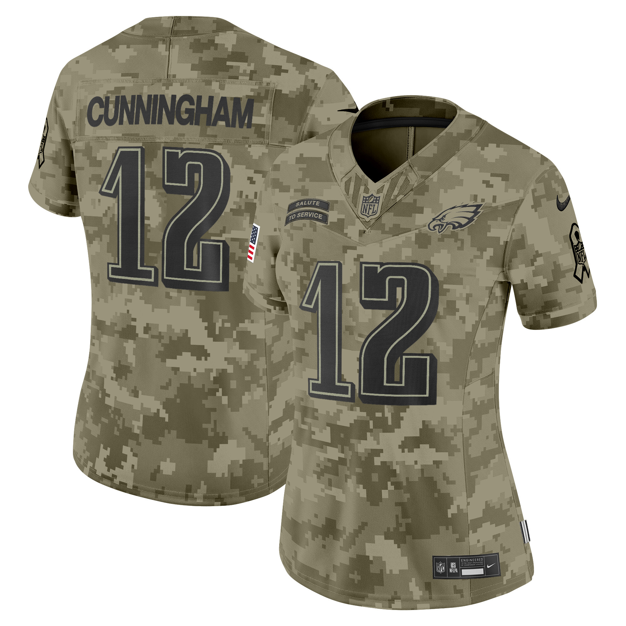 Women's Randall Cunningham Philadelphia Eagles 2024 Salute to Service Vapor Limited Olive Camo Jersey - All Stitched