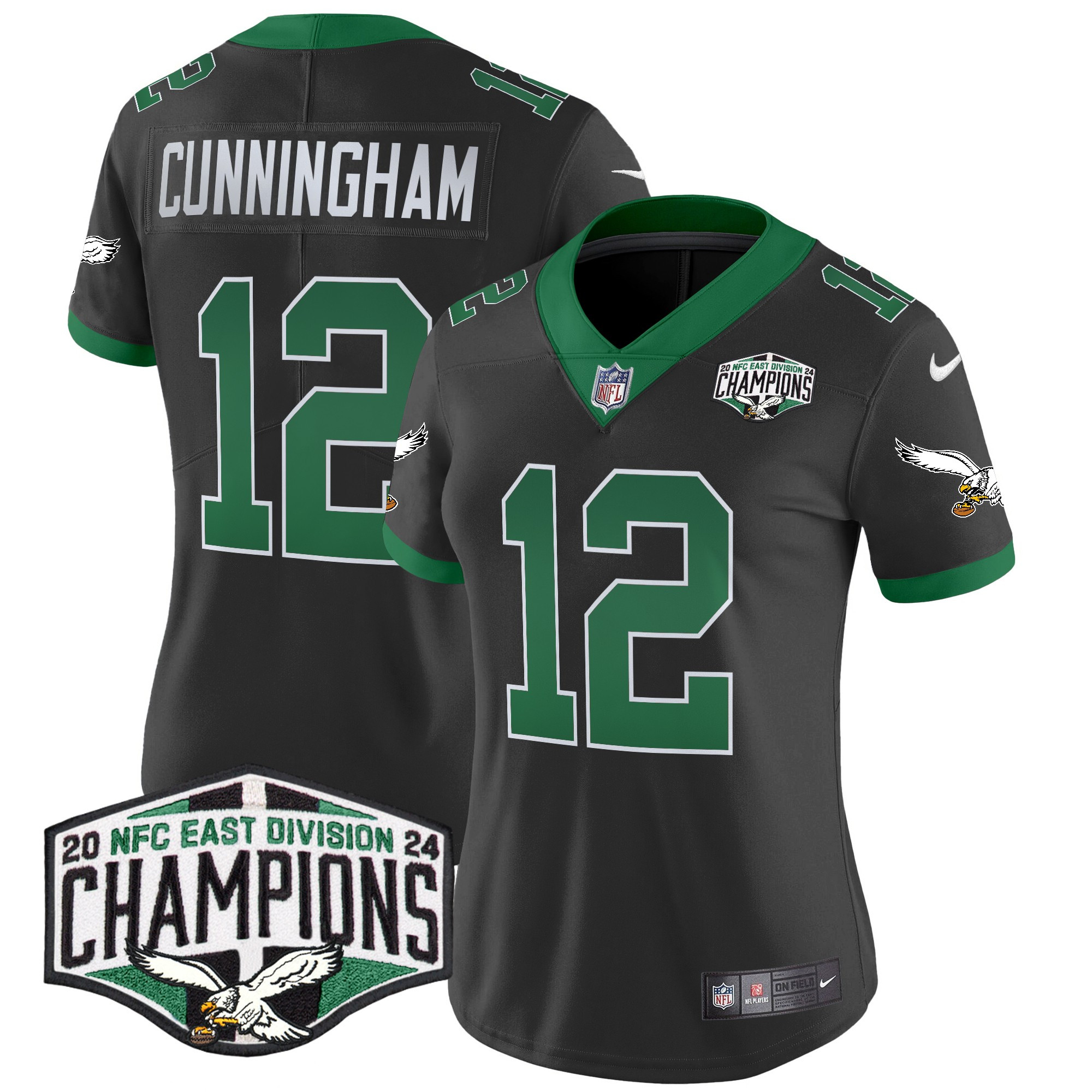 Women's Randall Cunningham Philadelphia Eagles Kelly Green 2024 NFC East Division Champions Vapor Limited Black Jersey - All Stitched