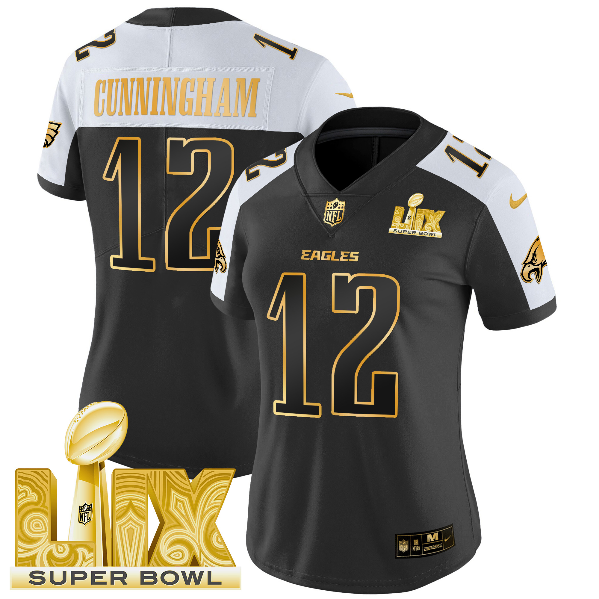 Women's Randall Cunningham Philadelphia Eagles Super Bowl LIX Patch Gold Vapor Limited Alternate Jersey - All Stitched
