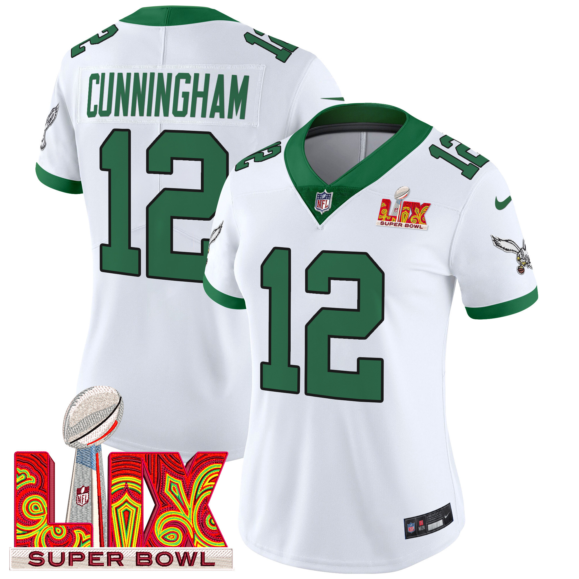 Women's Randall Cunningham Philadelphia Eagles Super Bowl LIX Patch Vapor Limited Kelly White Jersey - All Stitched