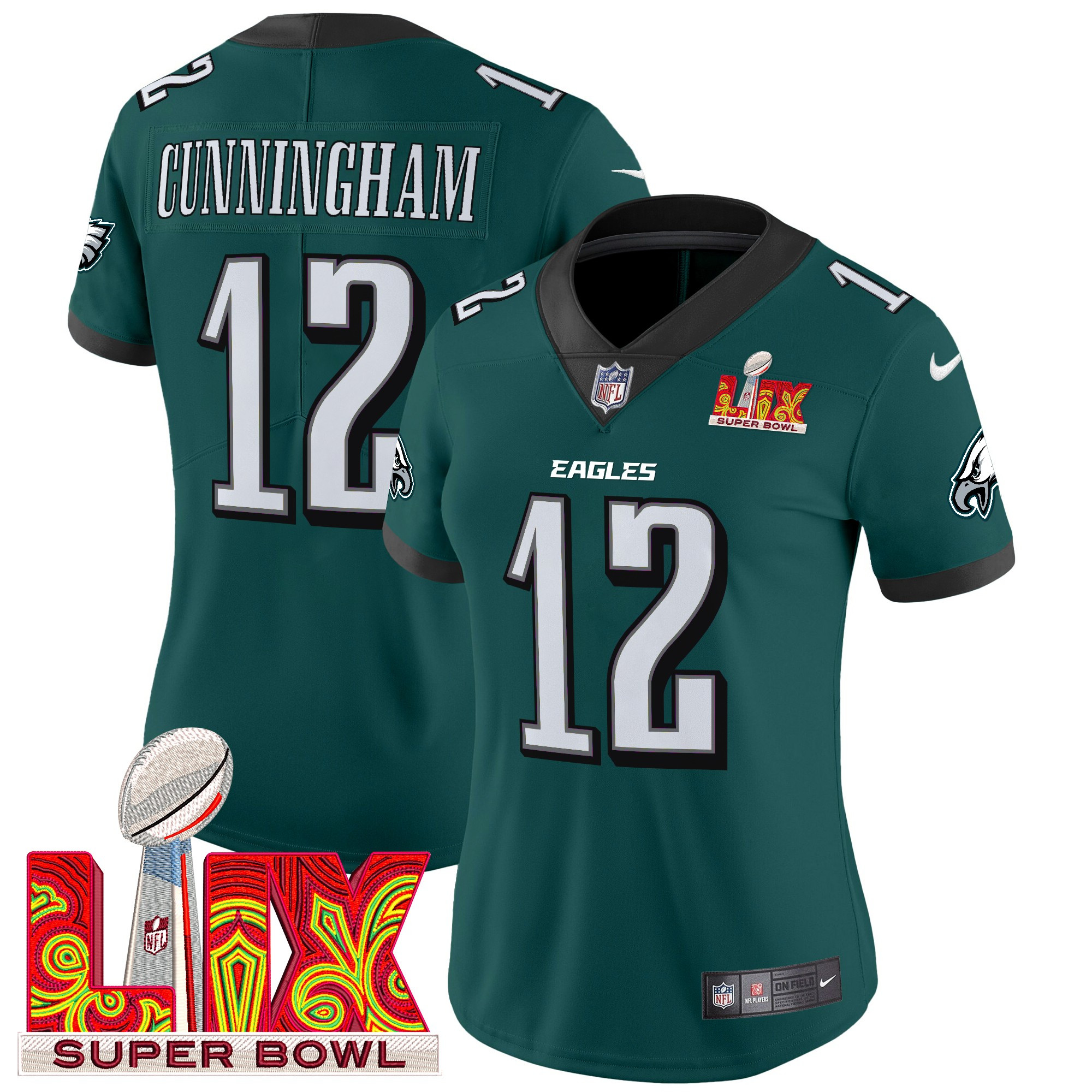 Women's Randall Cunningham Philadelphia Eagles Super Bowl LIX Patch Vapor Limited Midnight Green Jersey - All Stitched