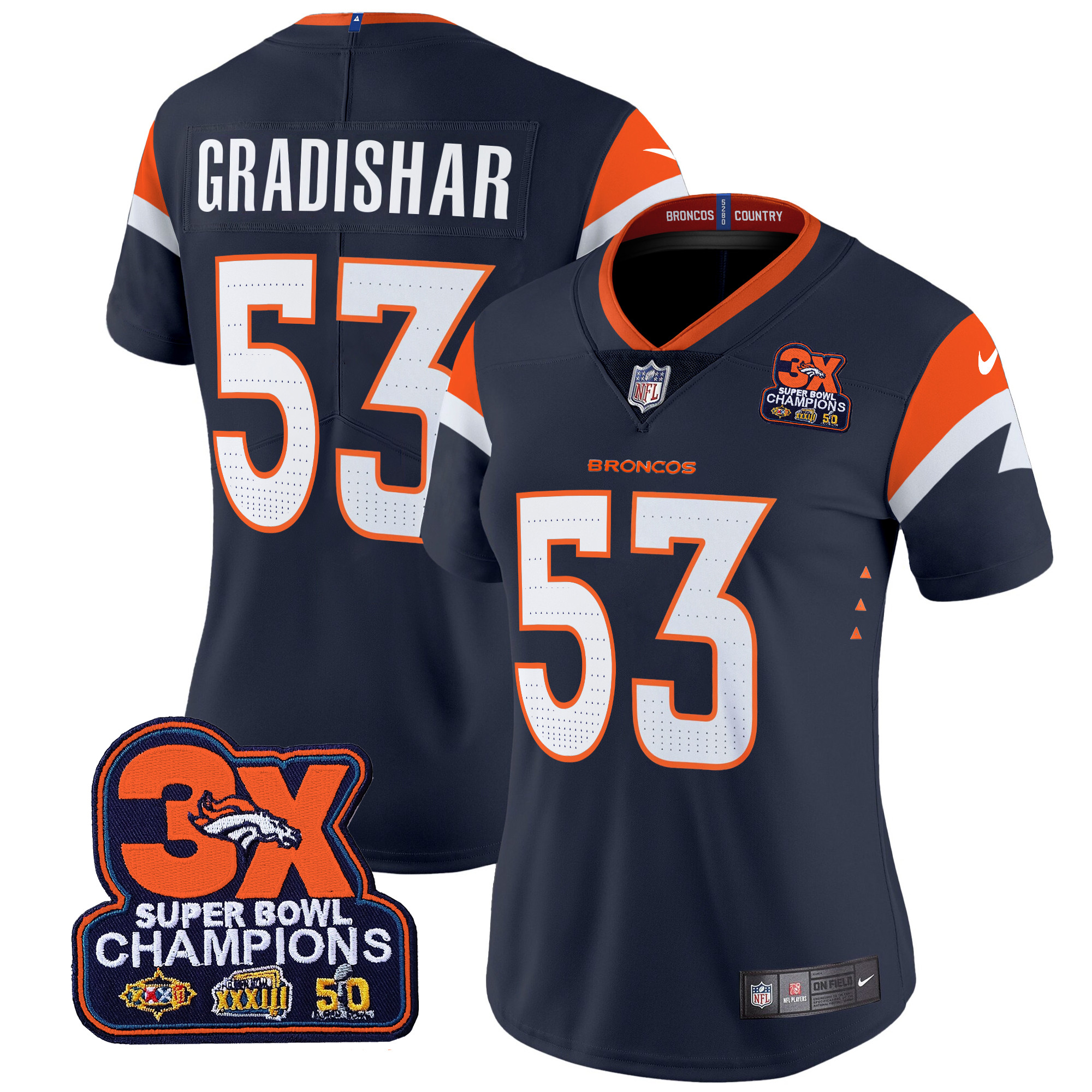 Women's Randy Gradishar Denver Broncos 3-Time Champions Patch Vapor Limited Navy Jersey - All Stitched
