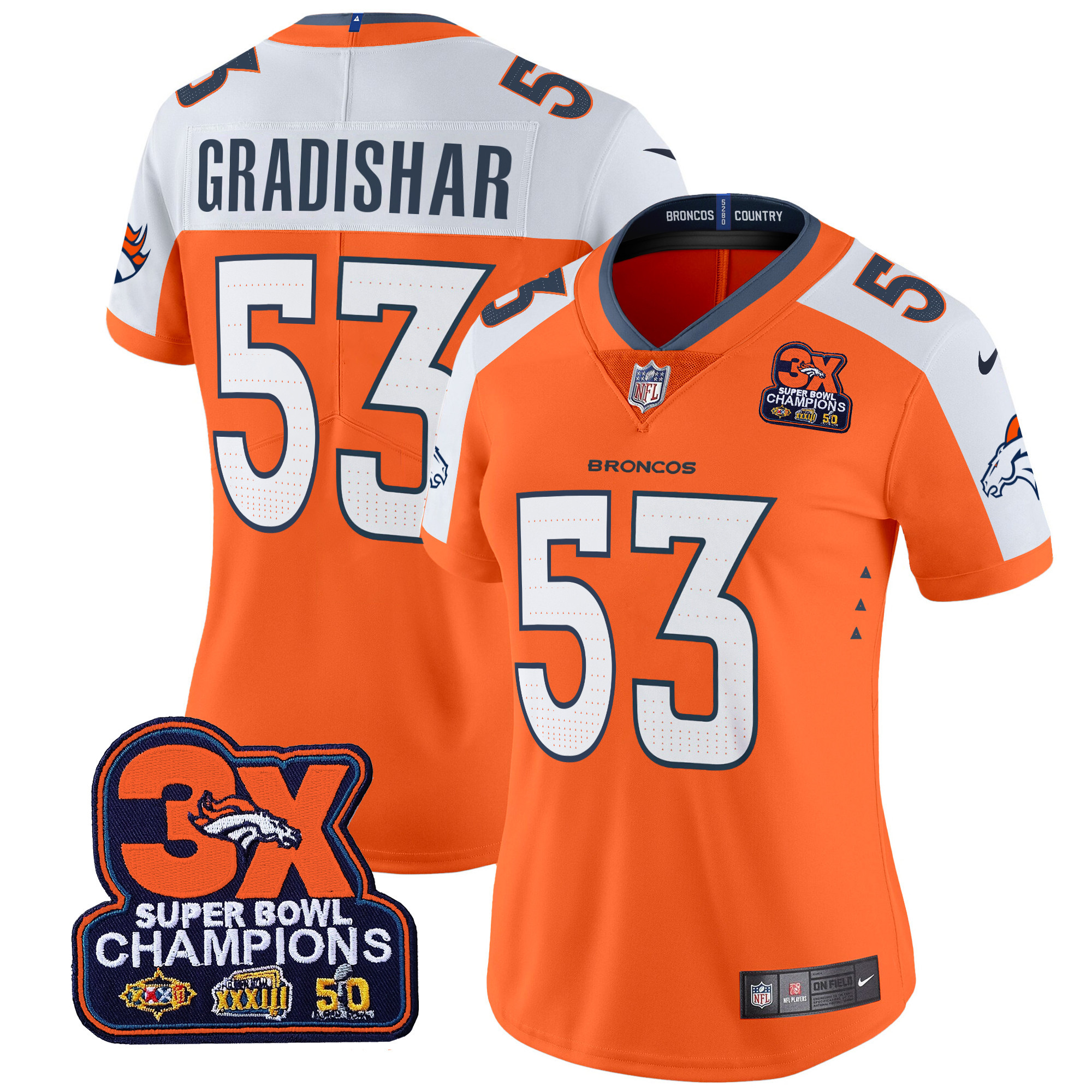 Women's Randy Gradishar Denver Broncos 3-Time Champions Patch Vapor Limited Orange Alternate Jersey - All Stitched