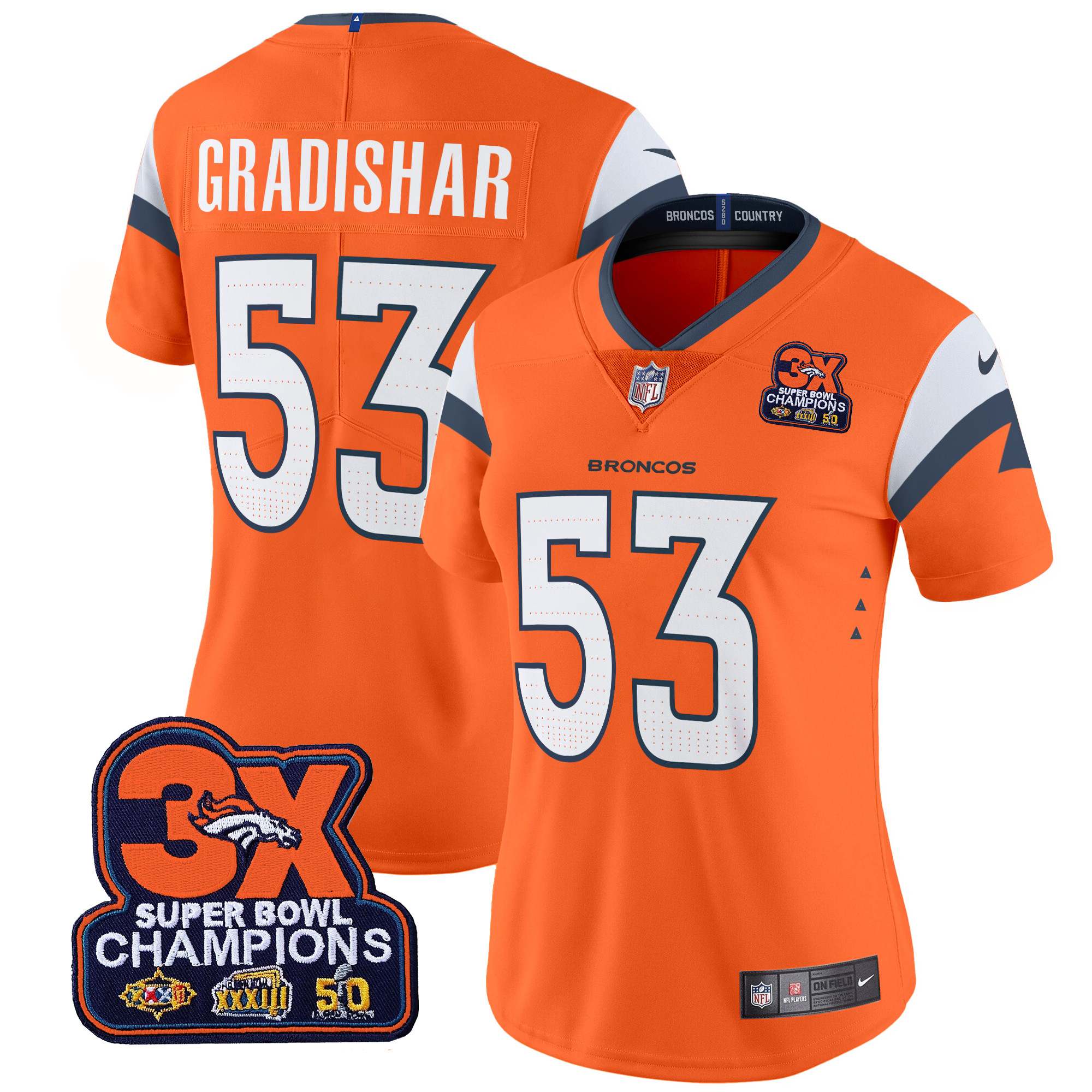 Women's Randy Gradishar Denver Broncos 3-Time Champions Patch Vapor Limited Orange Jersey - All Stitched