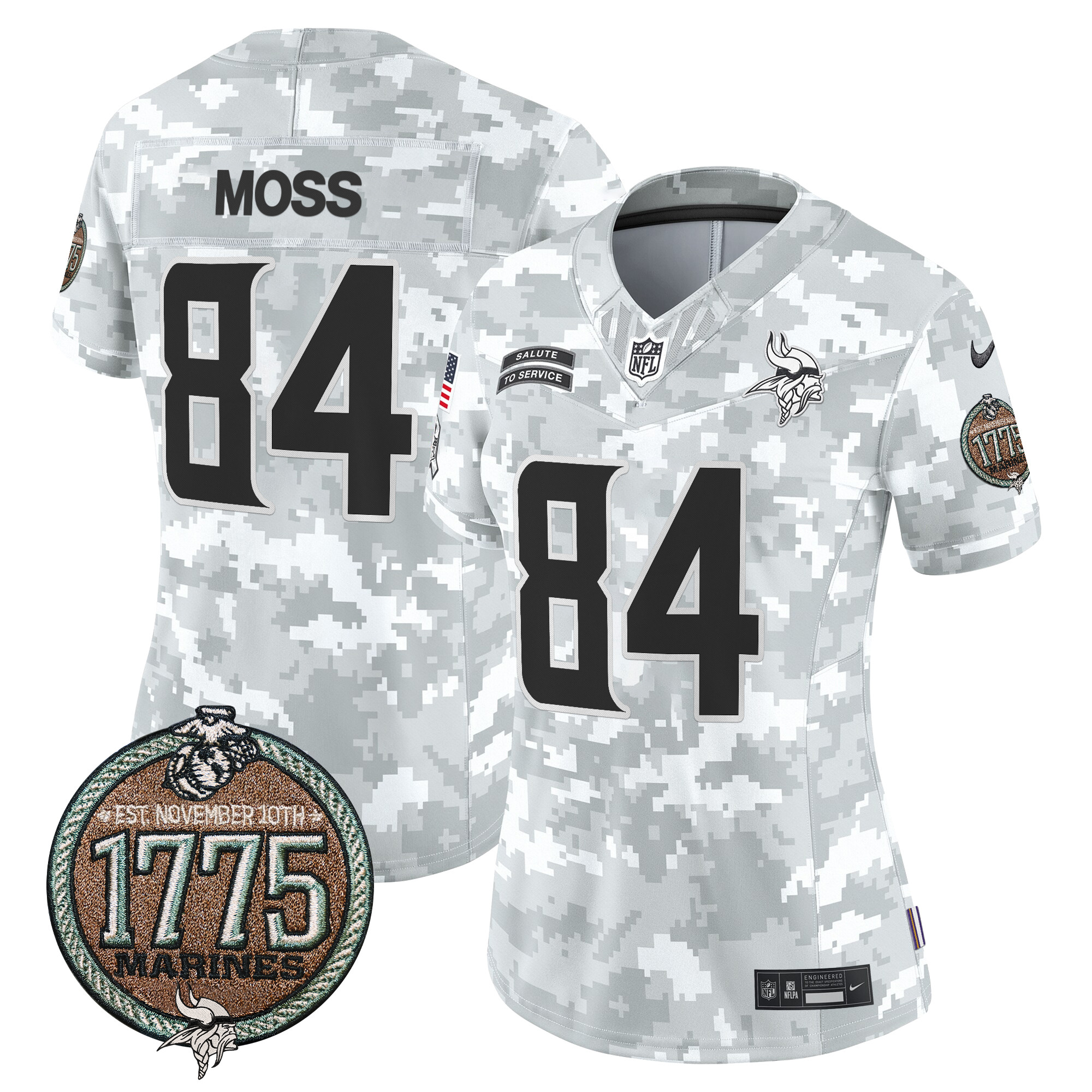 Women's Randy Moss Minnesota Vikings 2024 Salute to Service Establishment Year Patch Vapor Limited Marines Jersey - All Stitched