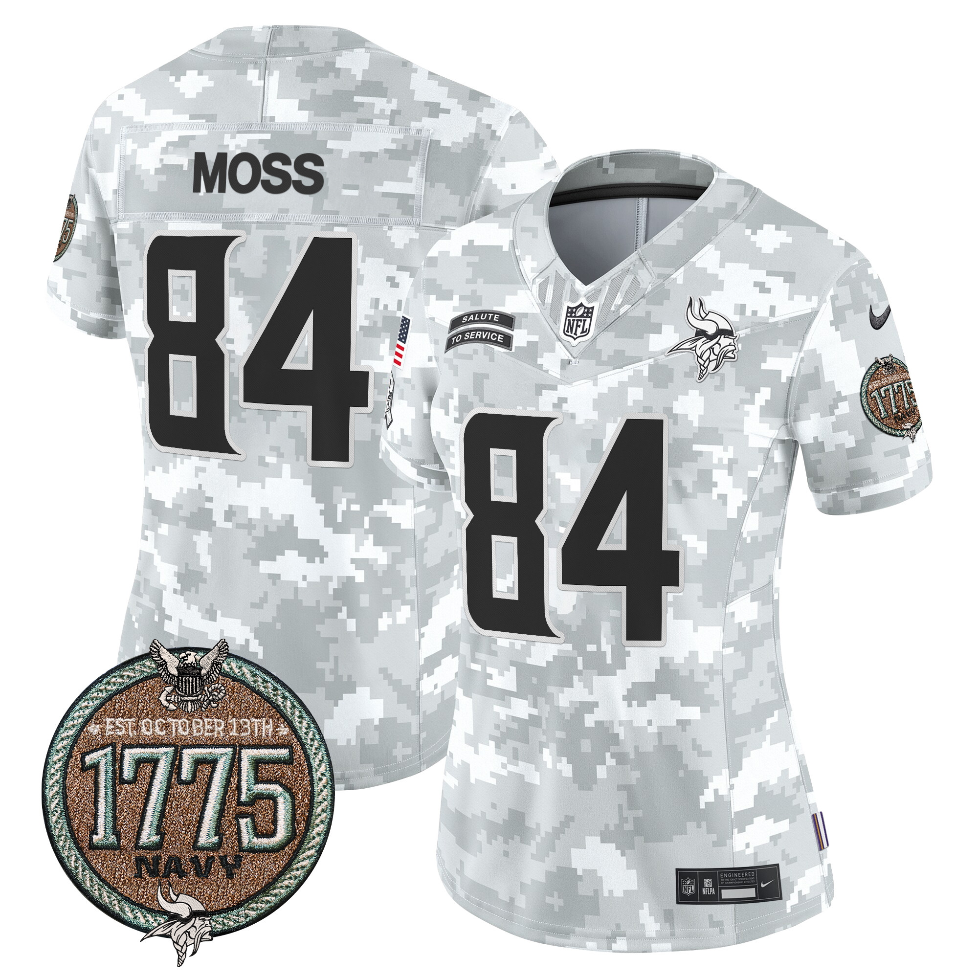 Women's Randy Moss Minnesota Vikings 2024 Salute to Service Establishment Year Patch Vapor Limited Navy Jersey - All Stitched