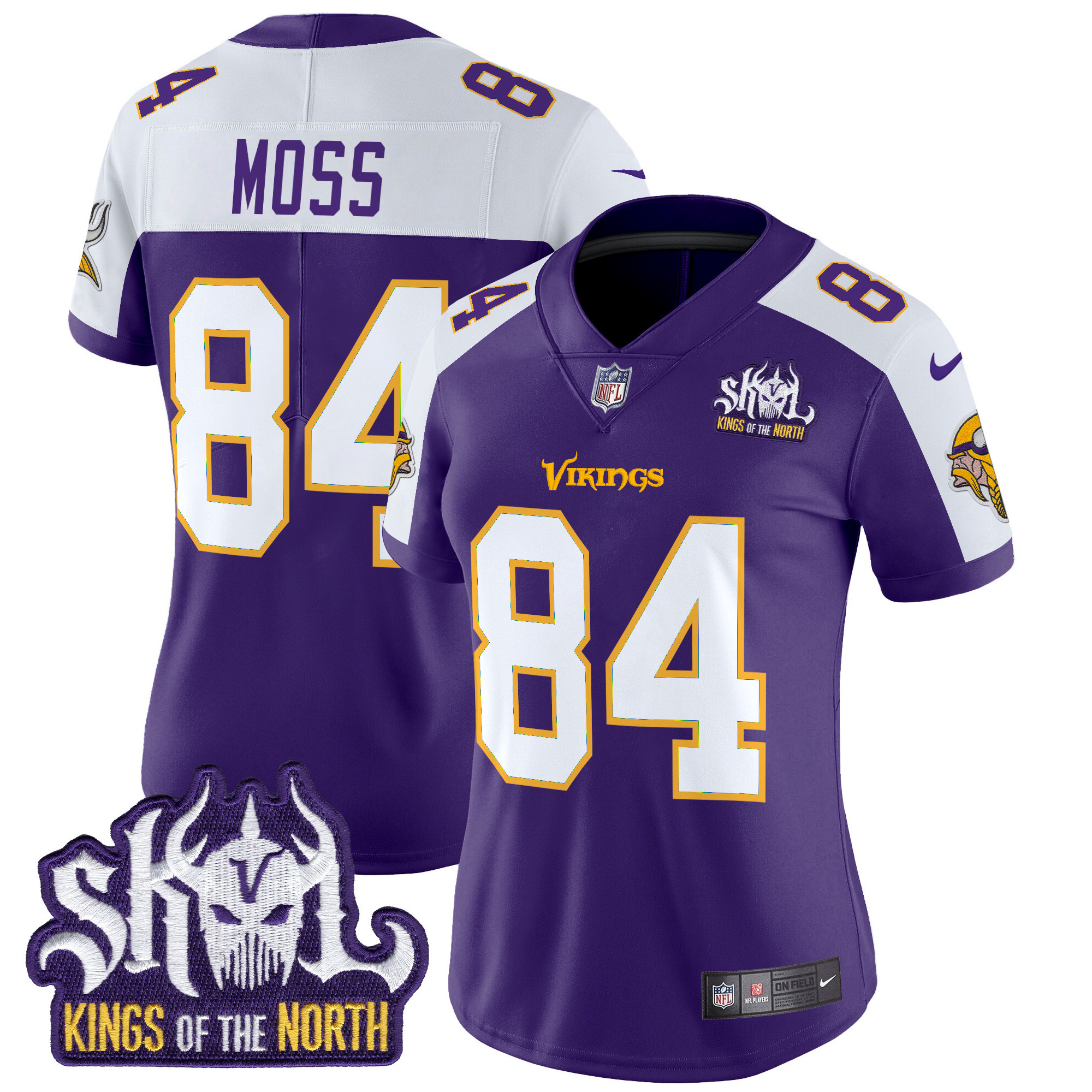 Women's Randy Moss Minnesota Vikings King Of The North Patch Throwback Vapor Limited Purple Alternate Jersey - All Stitched