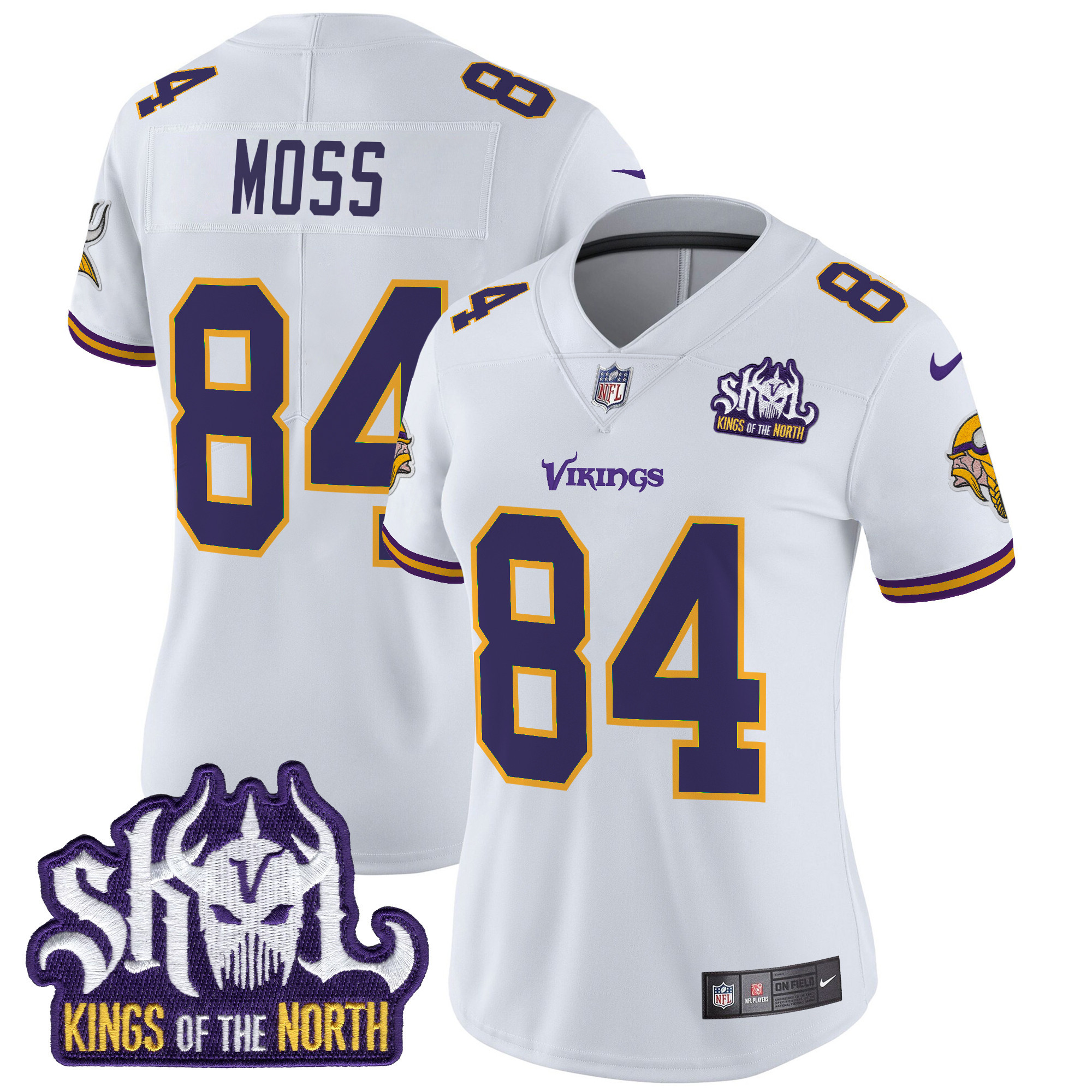 Women's Randy Moss Minnesota Vikings King Of The North Patch Throwback Vapor Limited White Jersey - All Stitched