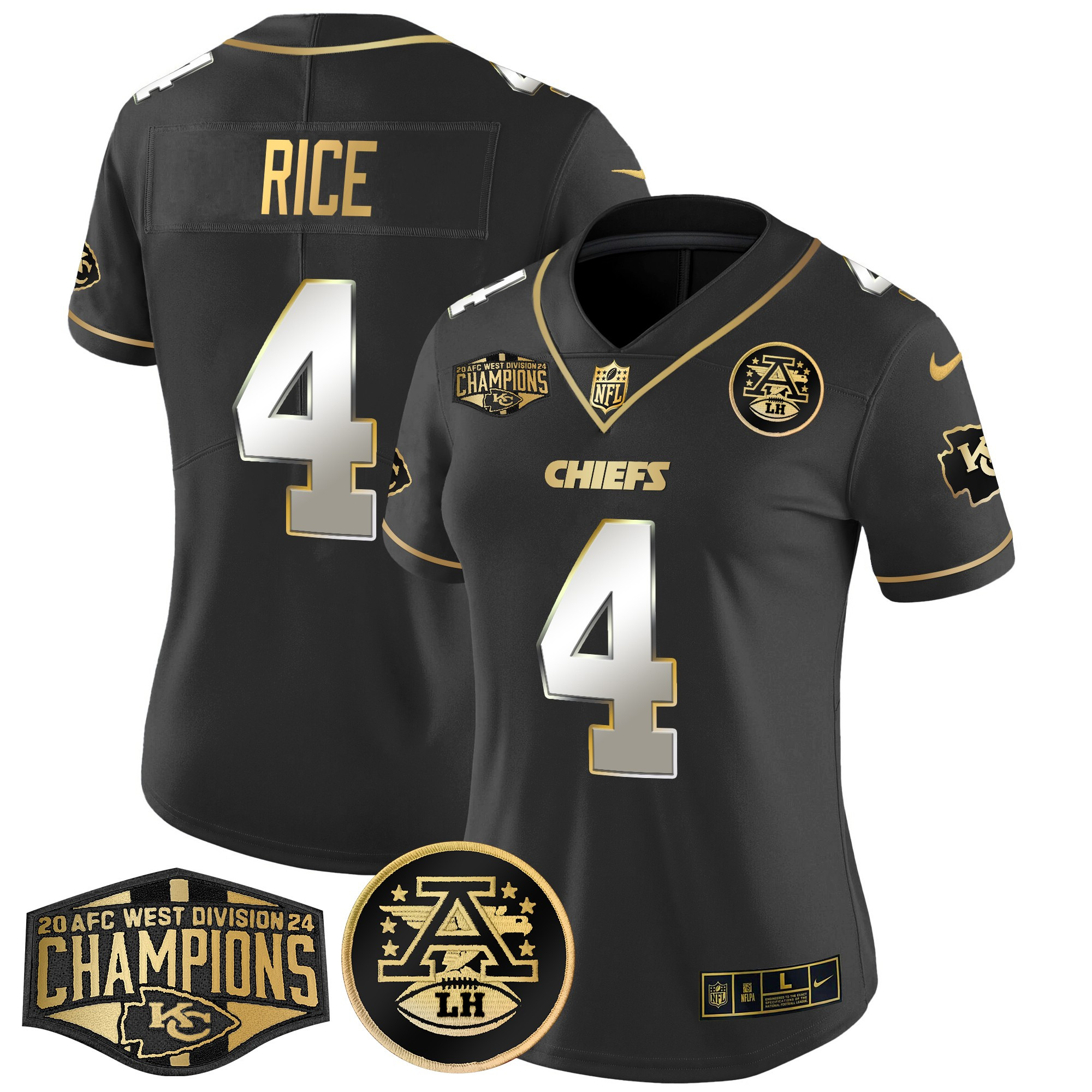 Women's Rashee Rice Kansas City Chiefs 2024 AFC West Division Champions Patch Gold Vapor Limited Black Limited Jersey - All Stitched