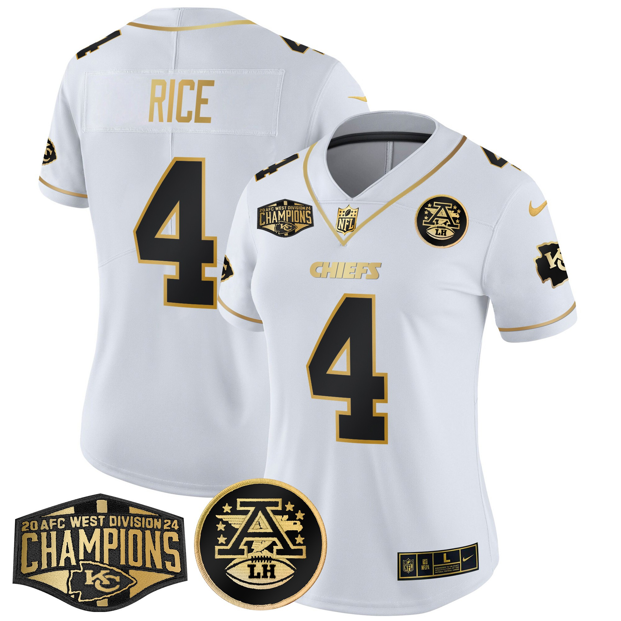 Women's Rashee Rice Kansas City Chiefs 2024 AFC West Division Champions Patch Gold Vapor Limited White Gold Jersey - All Stitched