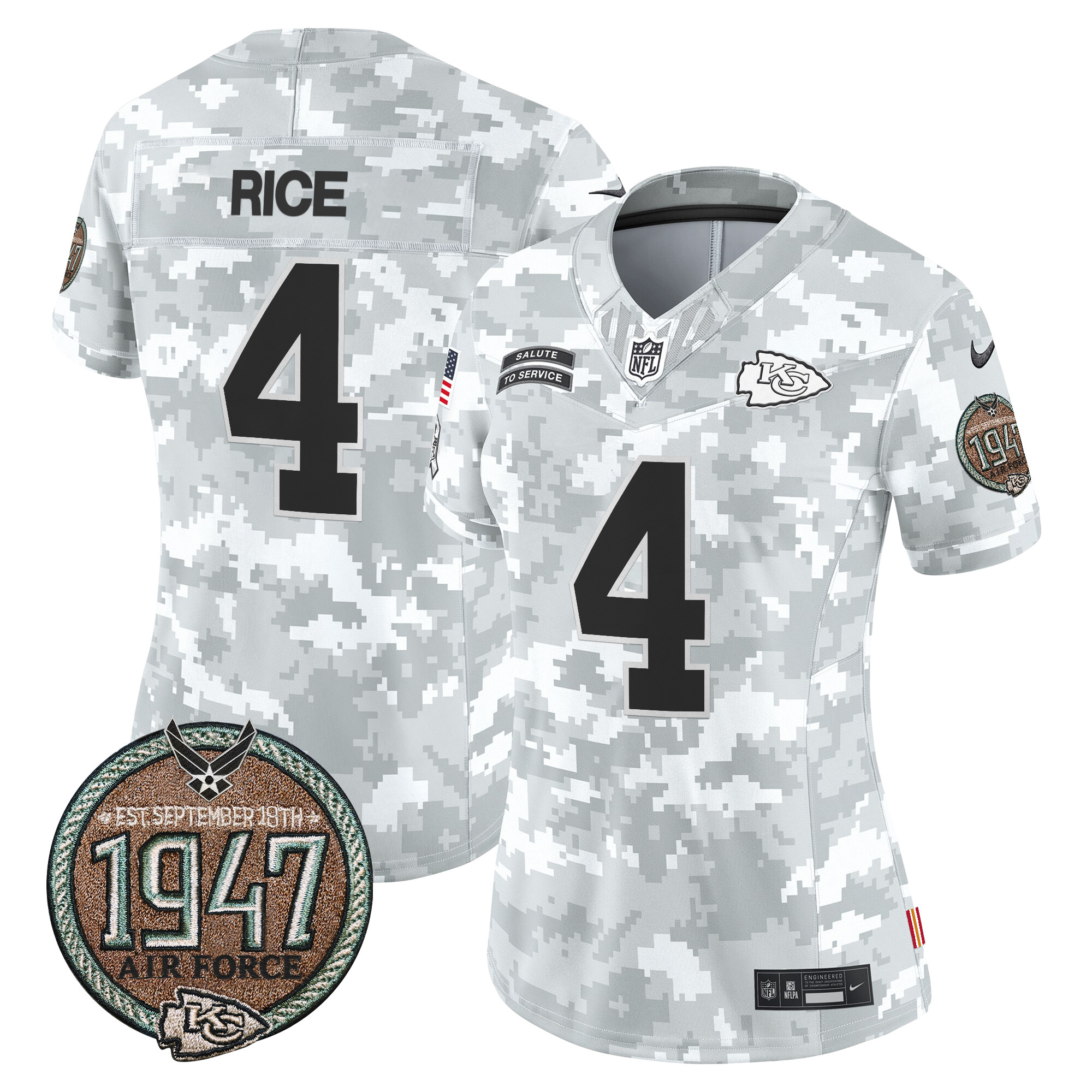 Women's Rashee Rice Kansas City Chiefs 2024 Salute to Service Establishment Year Patch Vapor Limited Air Force Jersey - All Stitched