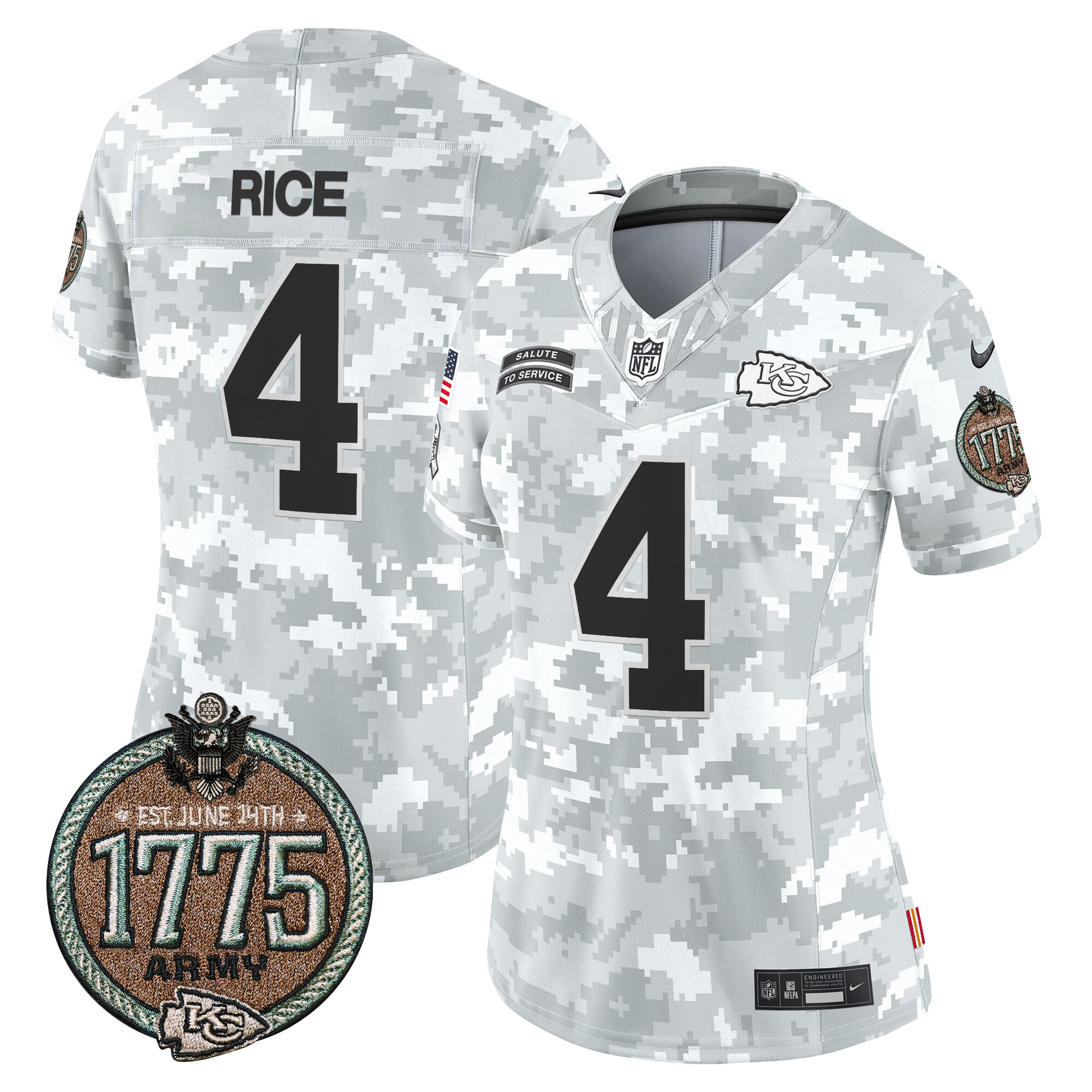 Women's Rashee Rice Kansas City Chiefs 2024 Salute to Service Establishment Year Patch Vapor Limited Army Jersey - All Stitched
