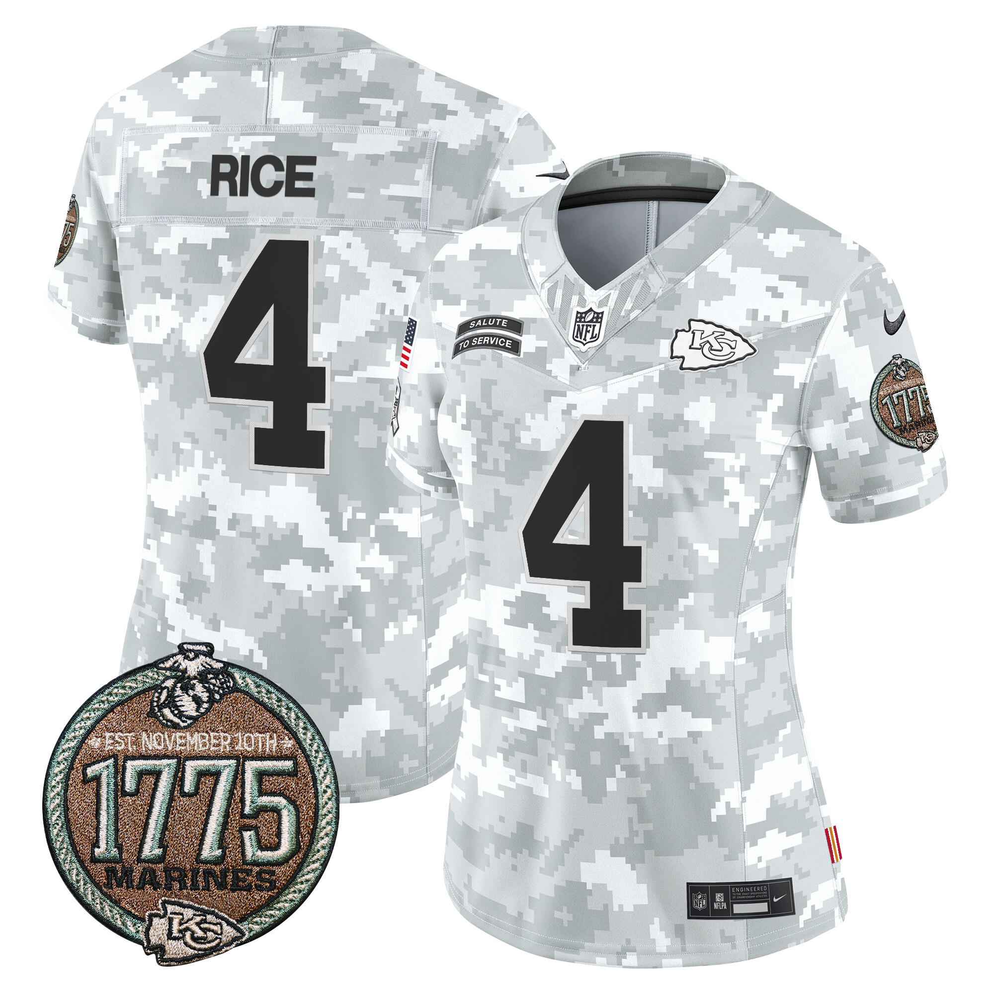 Women's Rashee Rice Kansas City Chiefs 2024 Salute to Service Establishment Year Patch Vapor Limited Marines Jersey - All Stitched