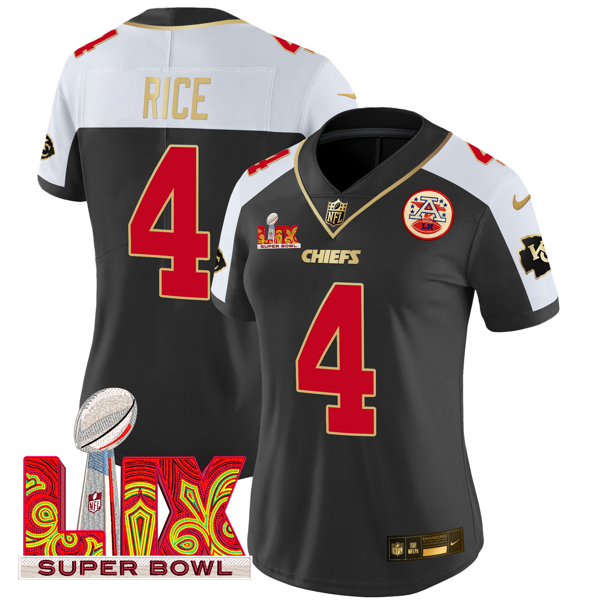 Women's Rashee Rice Kansas City Chiefs Super Bowl LIX Patch Gold Trim Vapor Limited Black Alternate Jersey - All Stitched