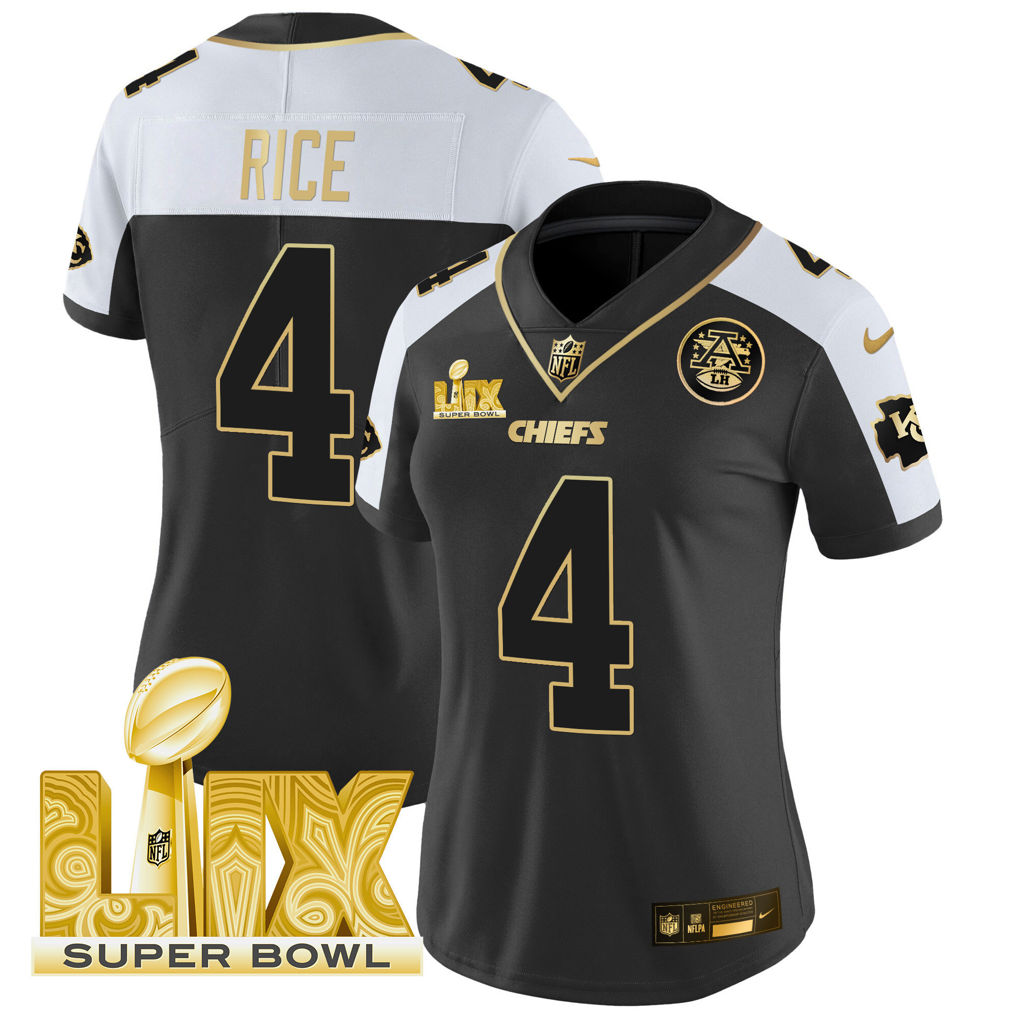 Women's Rashee Rice Kansas City Chiefs Super Bowl LIX Patch Gold Vapor Limited Alternate Jersey - All Stitched