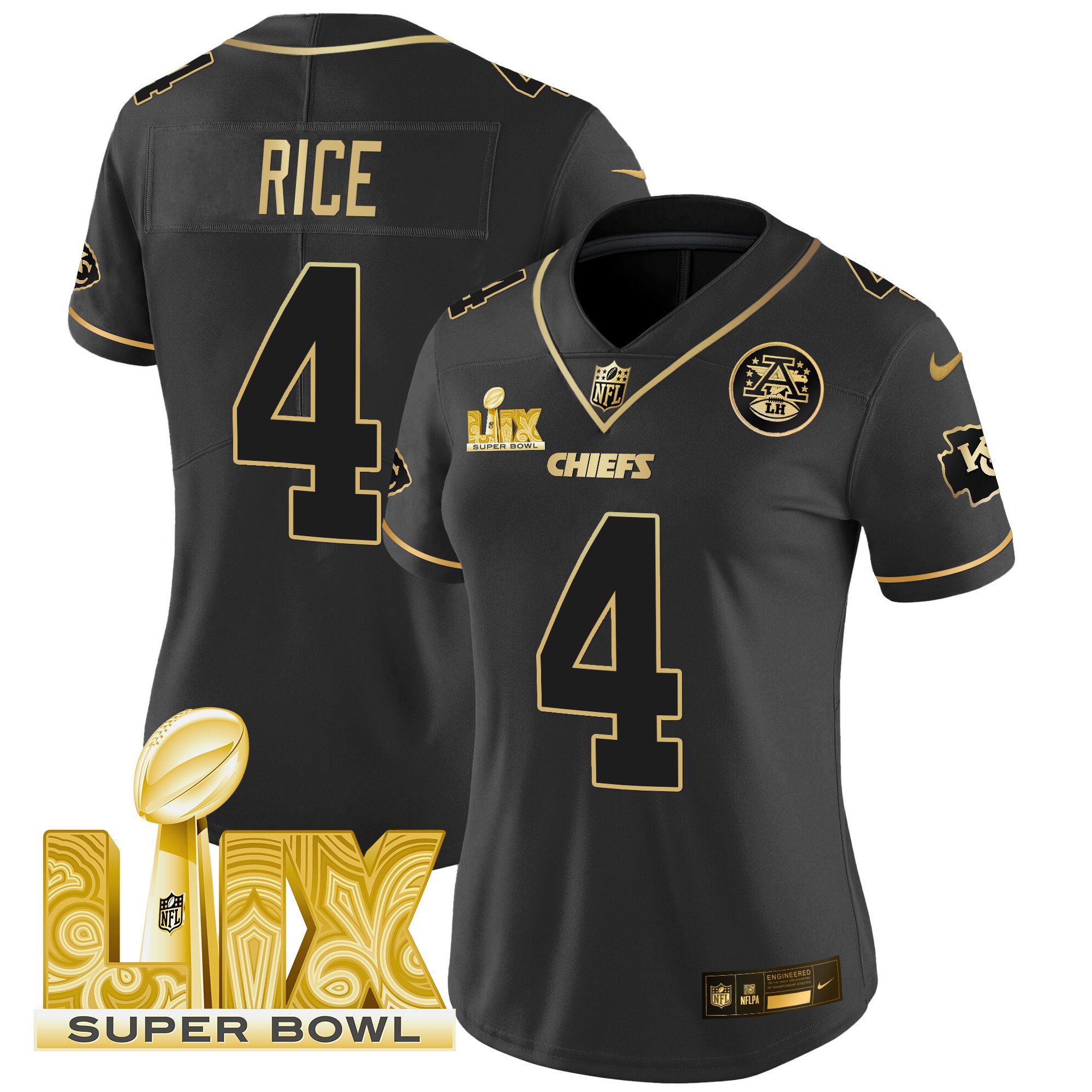 Women's Rashee Rice Kansas City Chiefs Super Bowl LIX Patch Gold Vapor Limited Black Gold Jersey - All Stitched