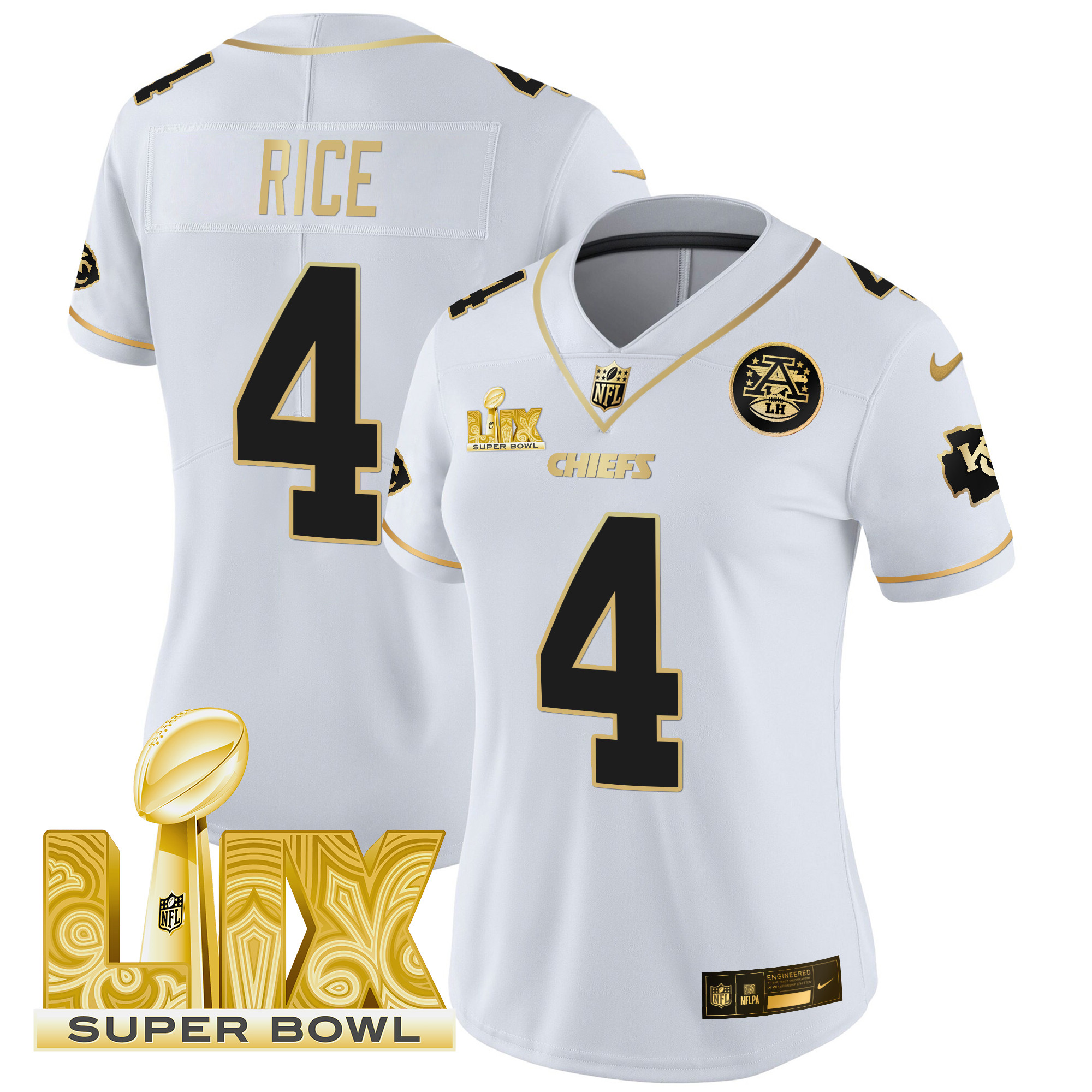 Women's Rashee Rice Kansas City Chiefs Super Bowl LIX Patch Gold Vapor Limited White Gold Jersey - All Stitched
