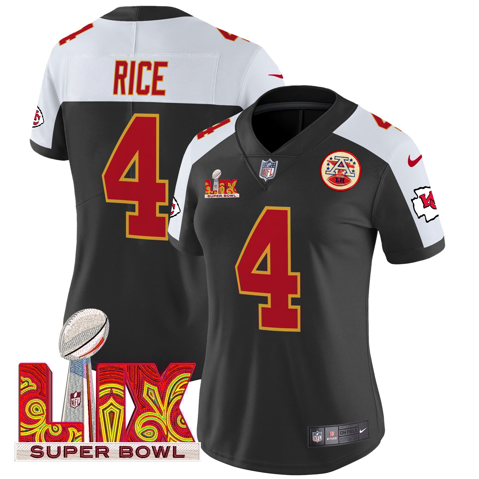 Women's Rashee Rice Kansas City Chiefs Super Bowl LIX Patch Vapor Limited Black Alternate Jersey - All Stitched