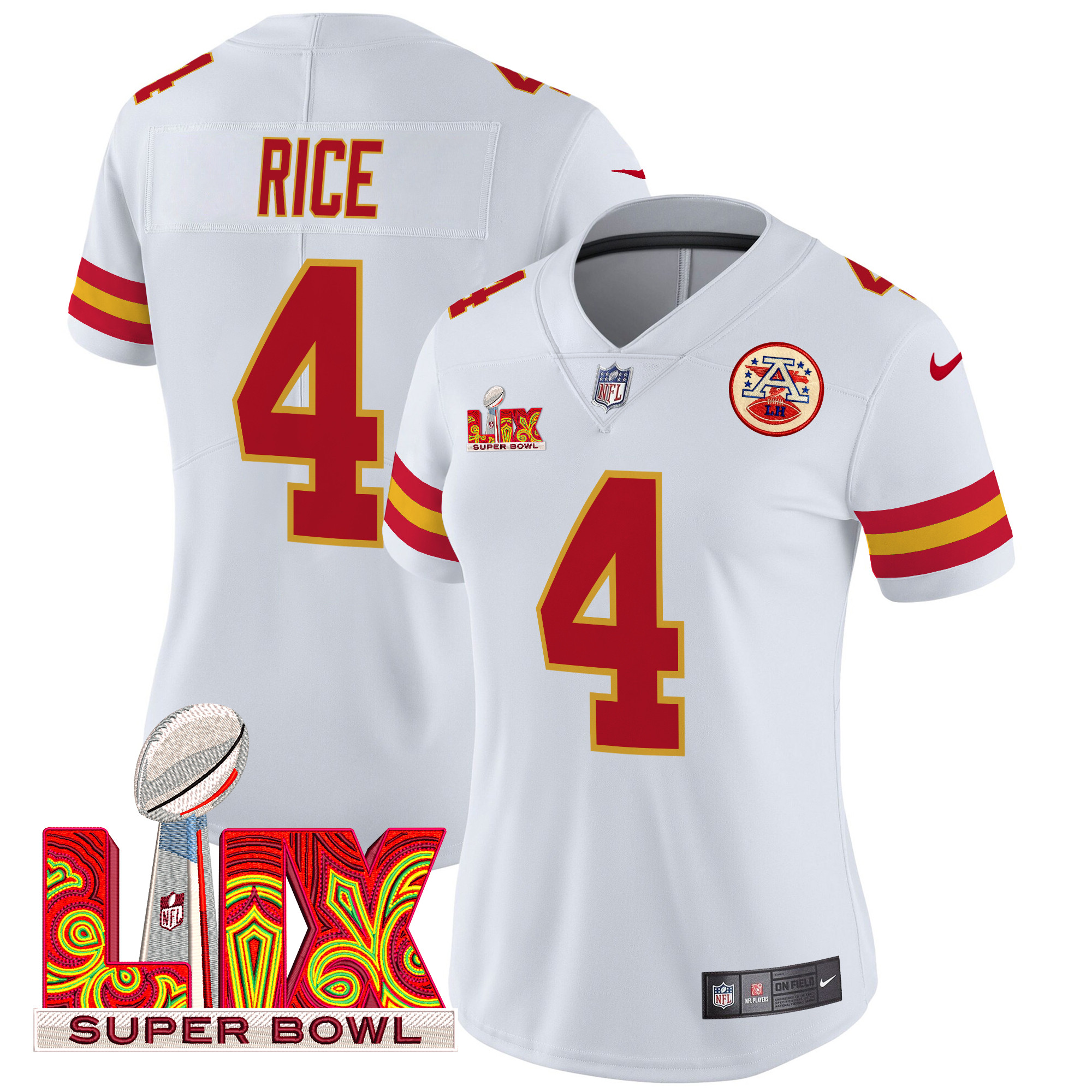 Women's Rashee Rice Kansas City Chiefs Super Bowl LIX Patch Vapor Limited White Jersey - All Stitched