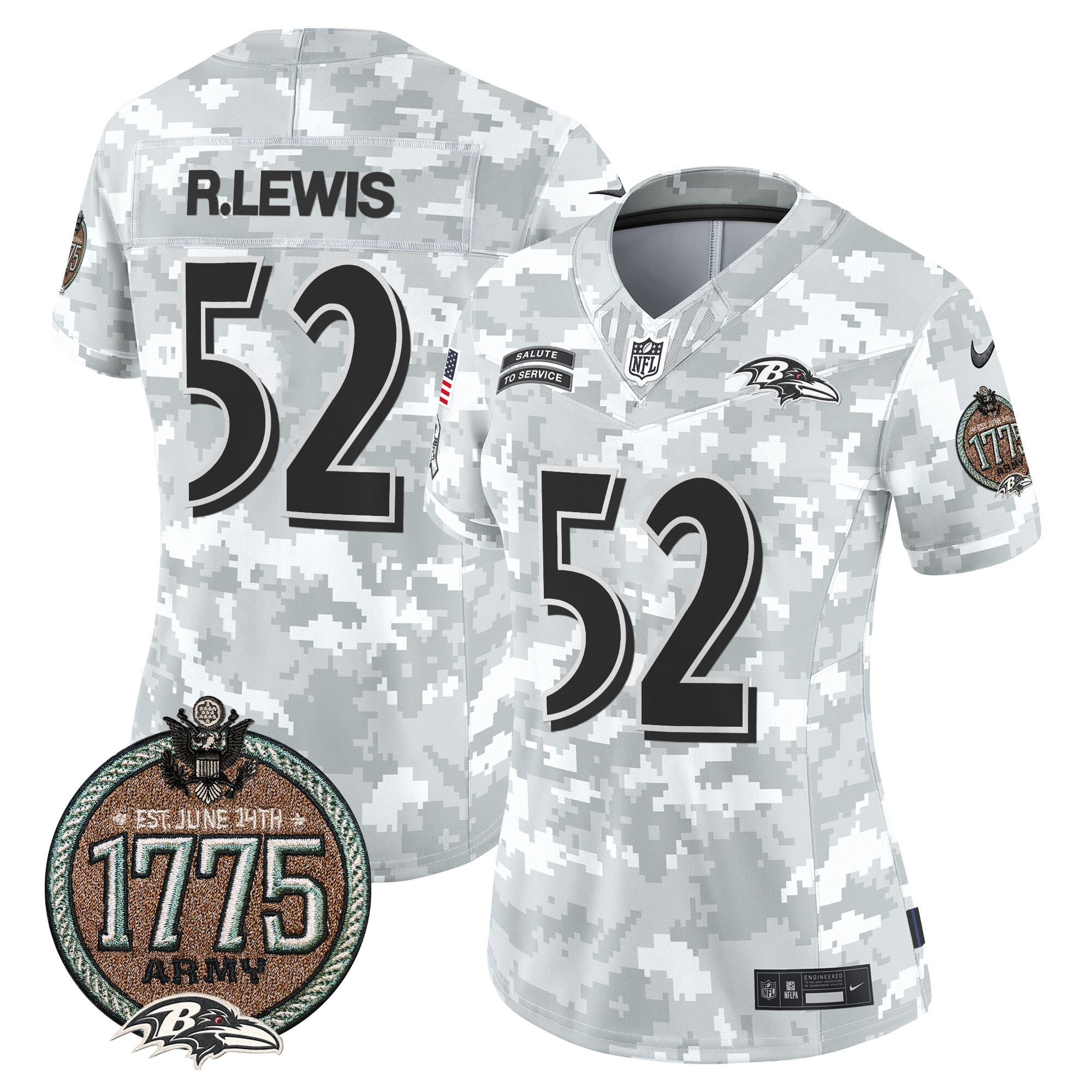 Women's Ray Lewis Baltimore Ravens 2024 Salute to Service Establishment Year Patch Vapor Limited Army Jersey - All Stitched
