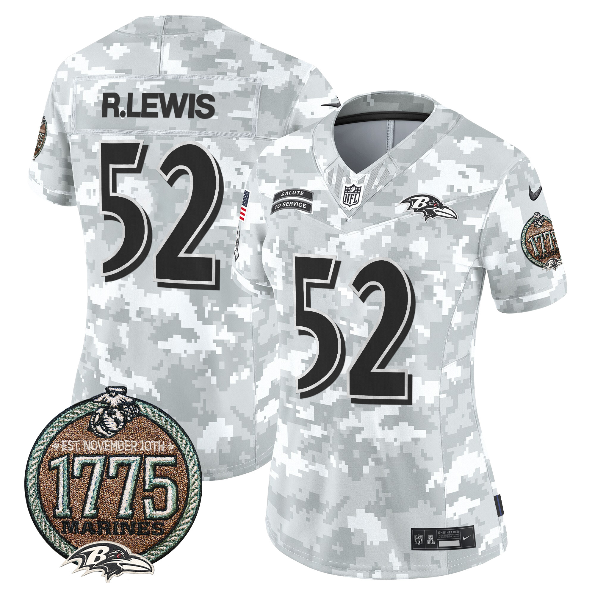 Women's Ray Lewis Baltimore Ravens 2024 Salute to Service Establishment Year Patch Vapor Limited Marines Jersey - All Stitched