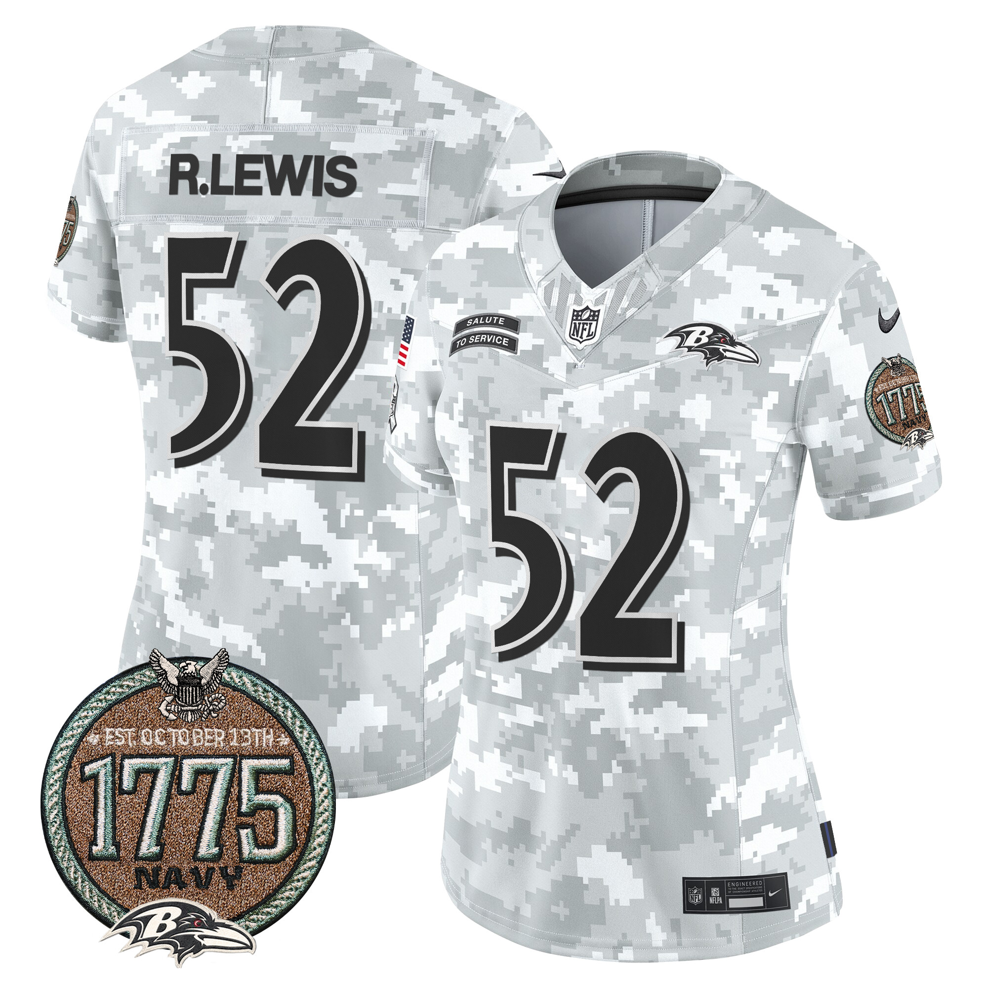 Women's Ray Lewis Baltimore Ravens 2024 Salute to Service Establishment Year Patch Vapor Limited Navy Jersey - All Stitched