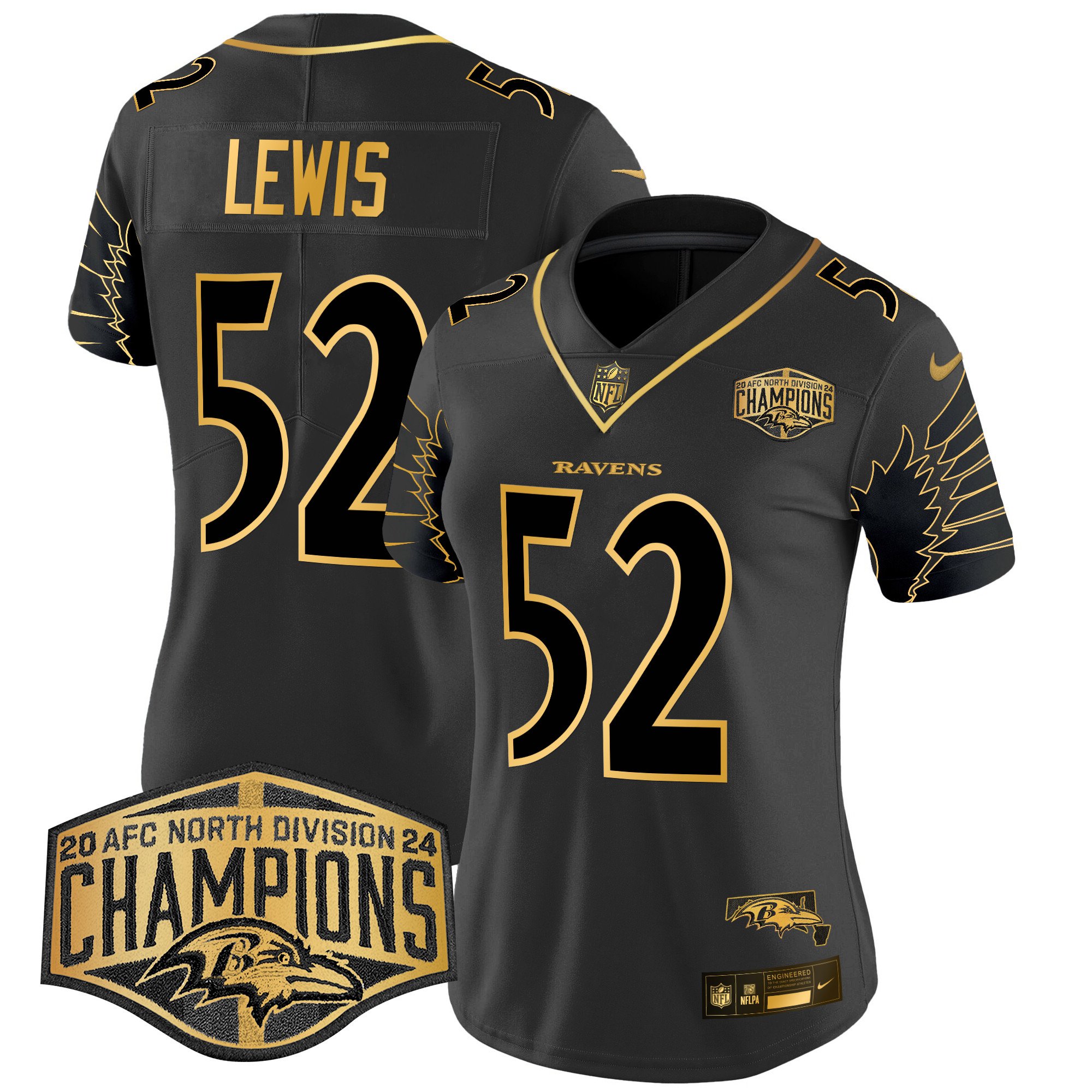 Women's Ray Lewis Baltimore Ravens Maryland 2024 AFC North Division Champions Patch Gold Vapor Limited Black Gold Jersey - All Stitched