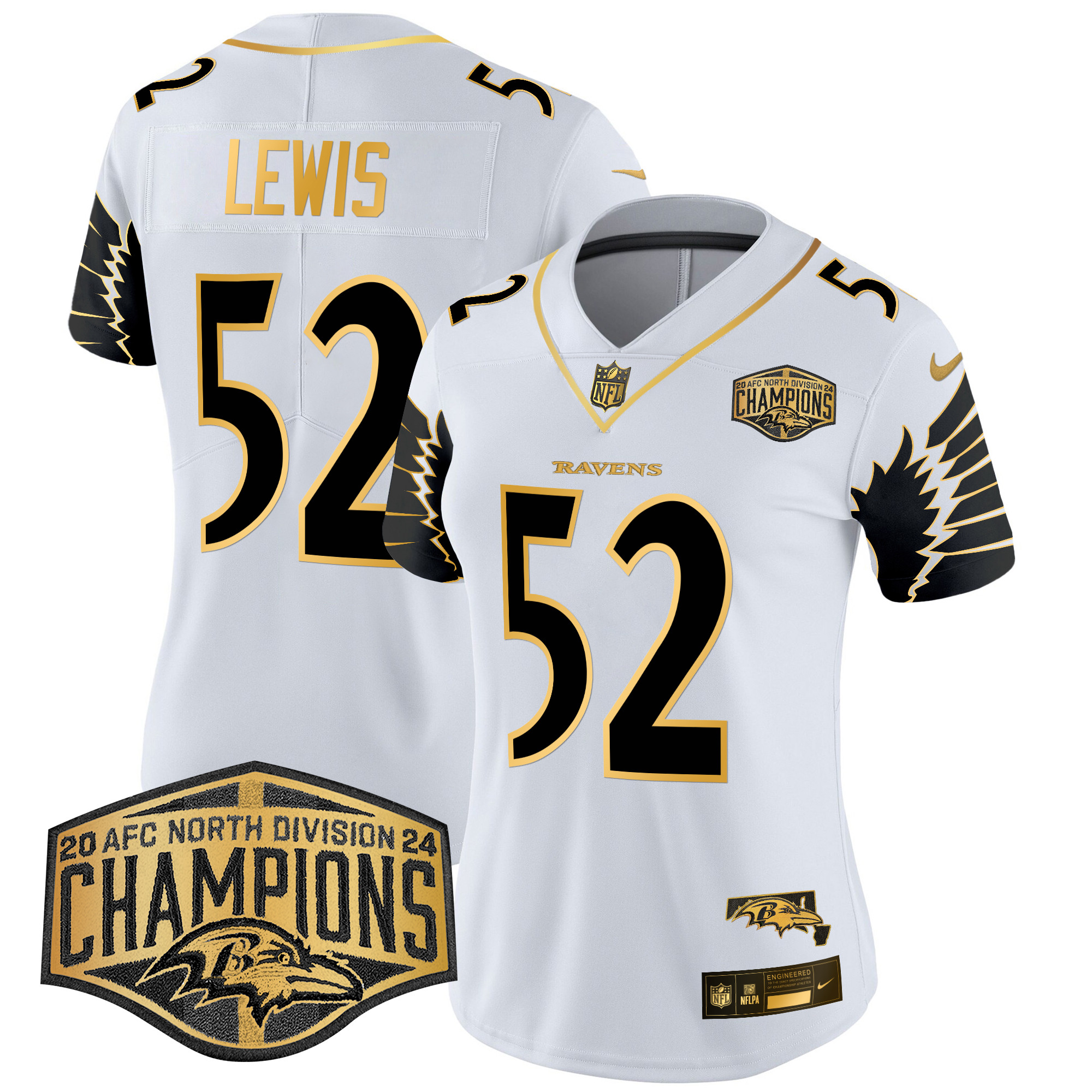 Women's Ray Lewis Baltimore Ravens Maryland 2024 AFC North Division Champions Patch Gold Vapor Limited White Gold Jersey - All Stitched