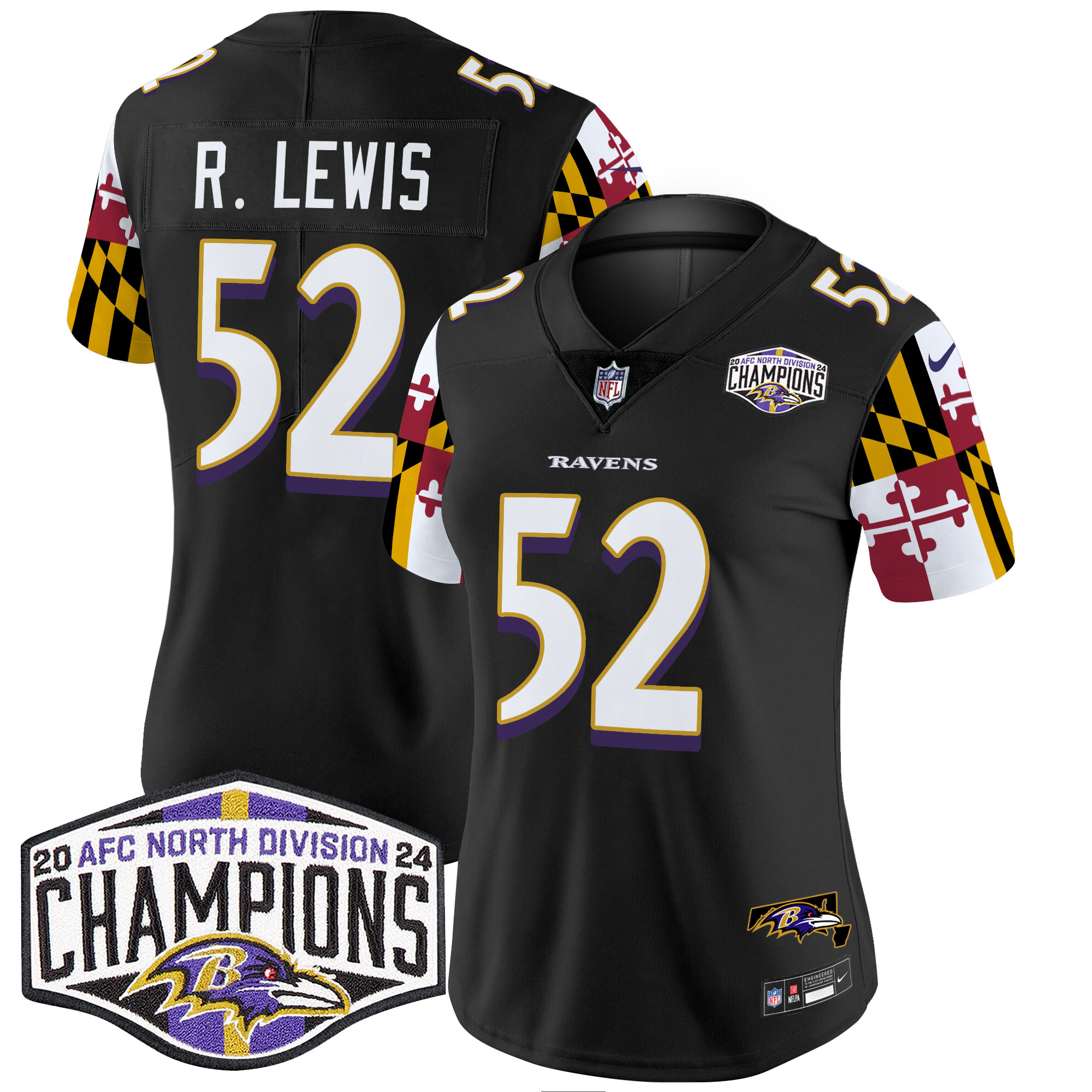 Women's Ray Lewis Baltimore Ravens Maryland Flag 2024 AFC North Division Champions Patch Vapor Limited Black Jersey - All Stitched