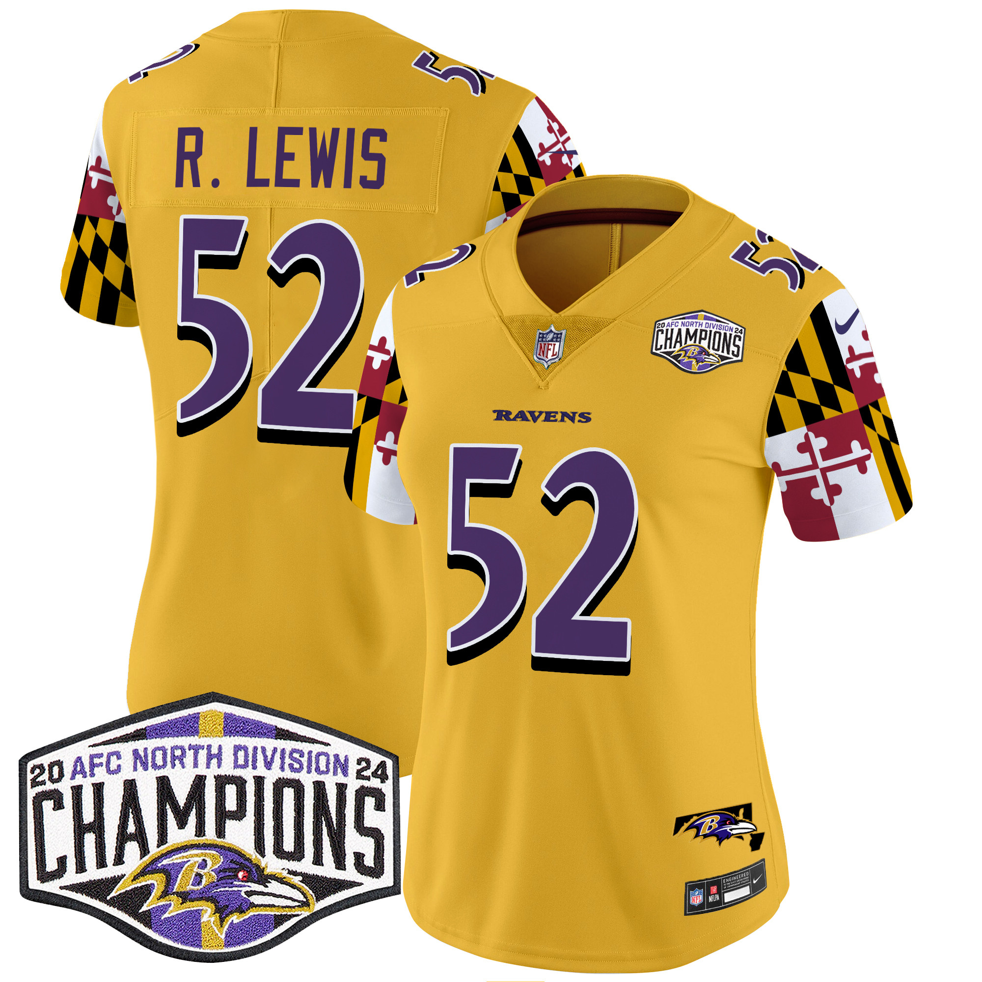 Women's Ray Lewis Baltimore Ravens Maryland Flag 2024 AFC North Division Champions Patch Vapor Limited Gold Jersey - All Stitched