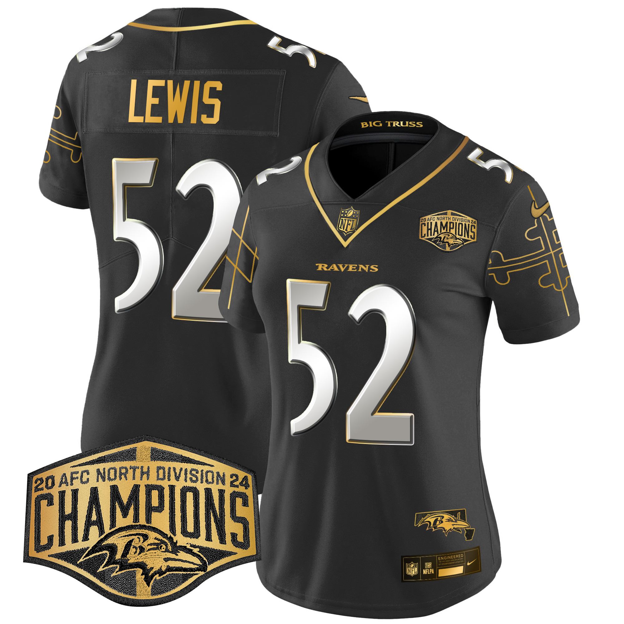 Women's Ray Lewis Baltimore Ravens Maryland Flag Map 2024 AFC North Division Champions Patch Gold Vapor Limited Black Limited Jersey - All Stitched