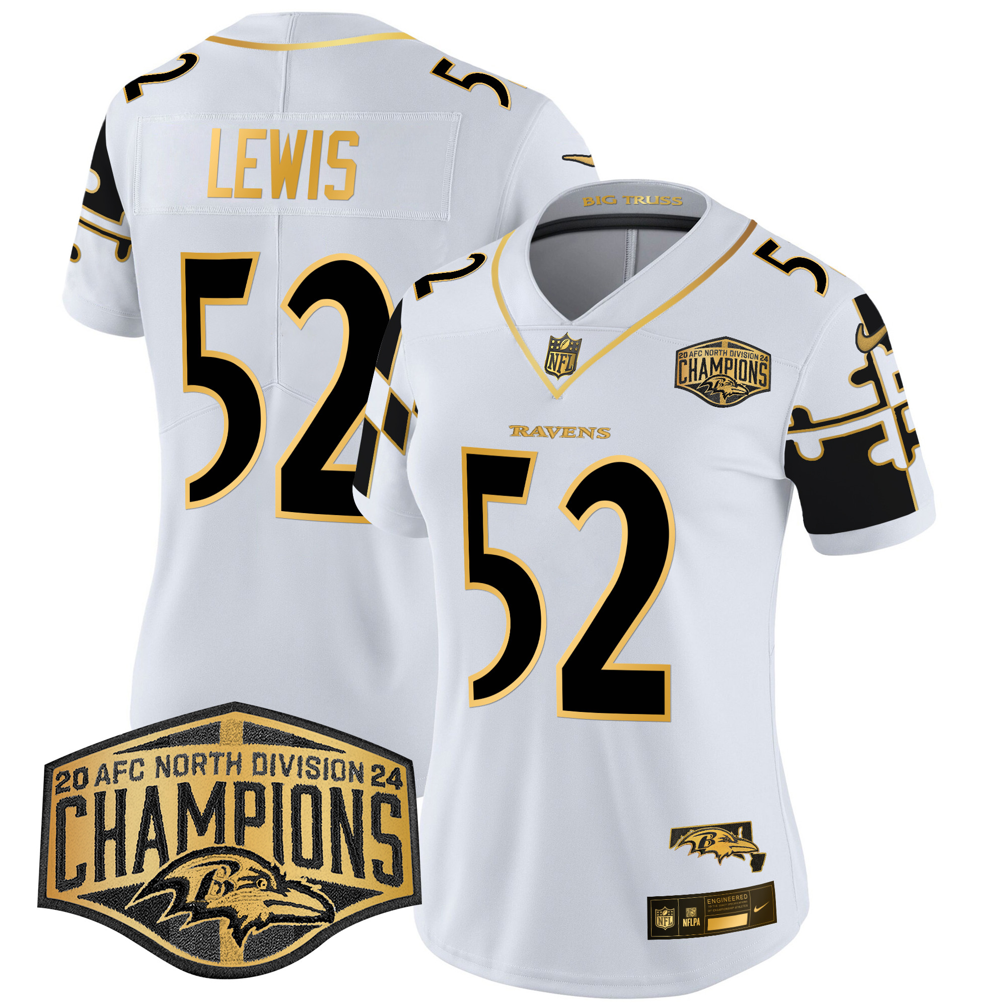 Women's Ray Lewis Baltimore Ravens Maryland Flag Map 2024 AFC North Division Champions Patch Gold Vapor Limited White Gold Jersey - All Stitched
