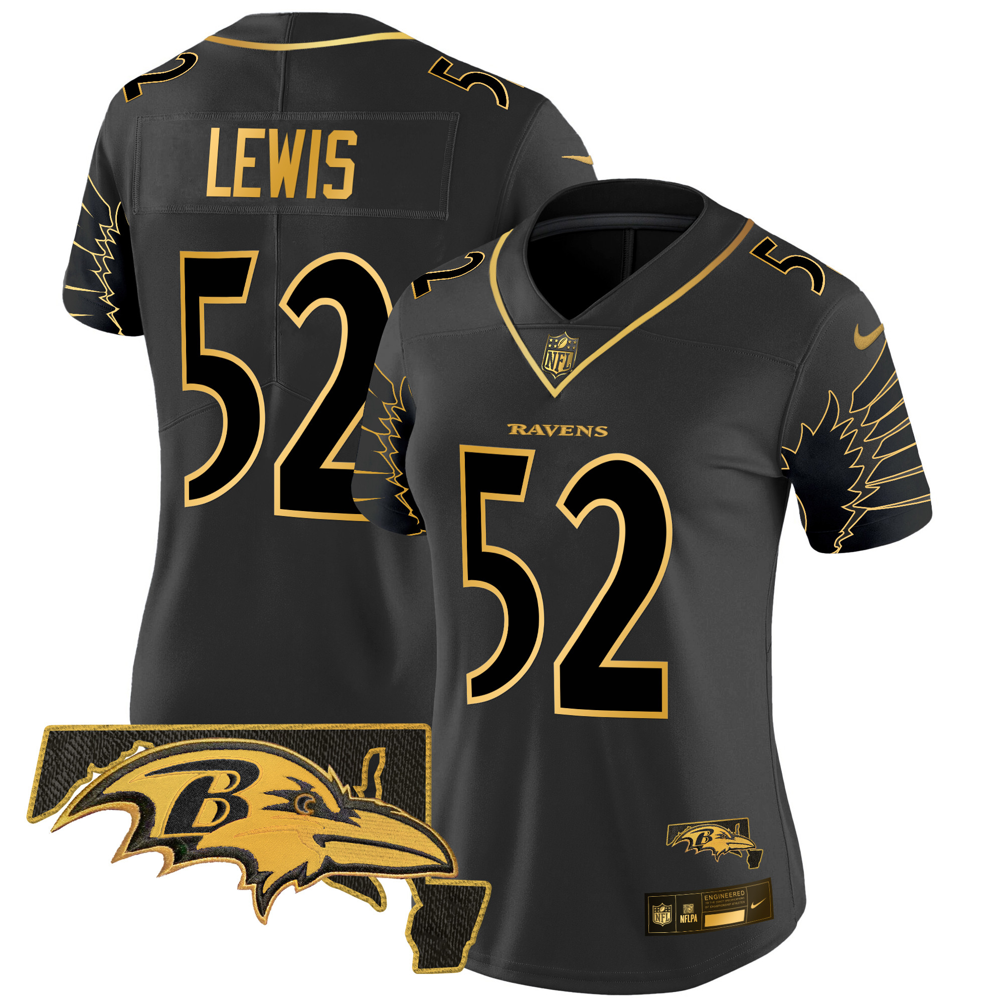 Women's Ray Lewis Baltimore Ravens Maryland Patch Gold Vapor Limited Black Gold Jersey - All Stitched