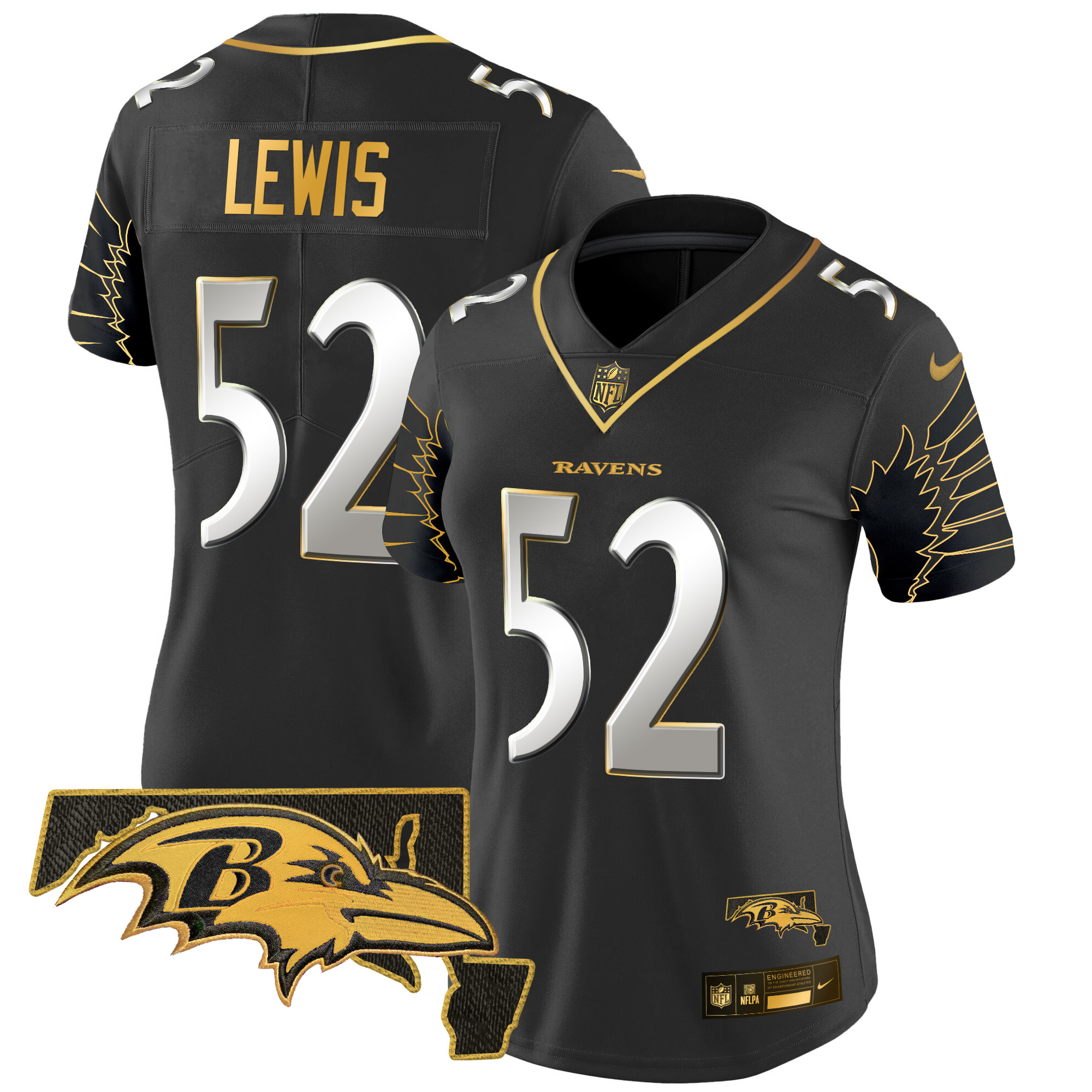 Women's Ray Lewis Baltimore Ravens Maryland Patch Gold Vapor Limited Black Limited Jersey - All Stitched