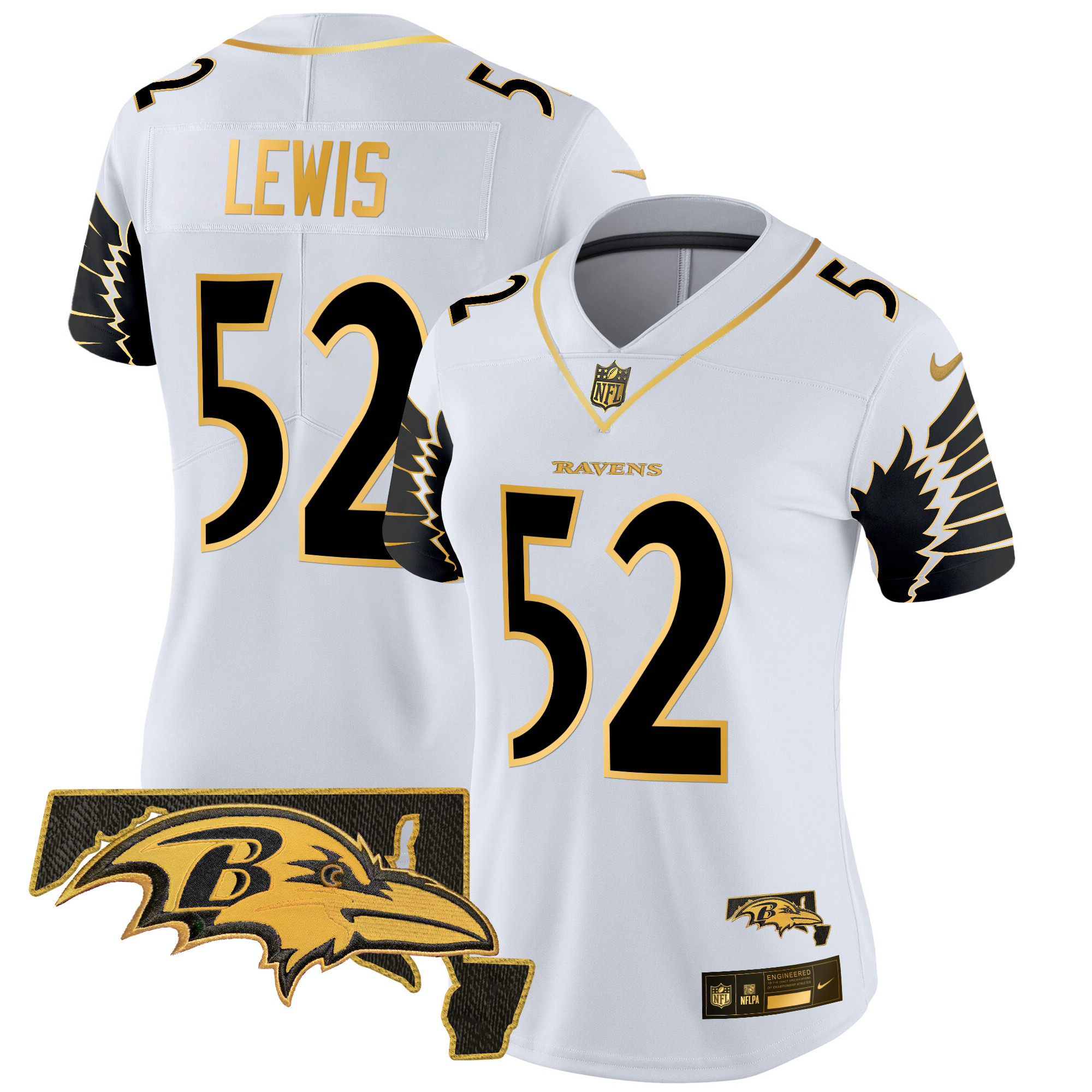 Women's Ray Lewis Baltimore Ravens Maryland Patch Gold Vapor Limited White Gold Jersey - All Stitched