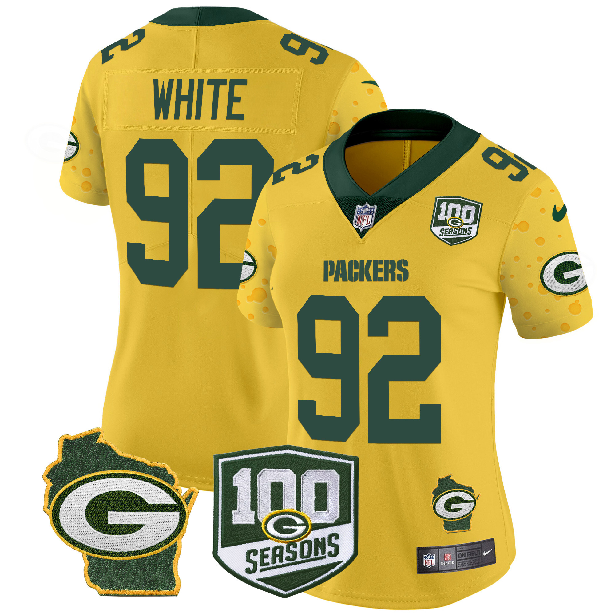 Women's Reggie White Green Bay Packers 100th Season & Home Patch Cheese Vapor Limited Gold Jersey – All Stitched