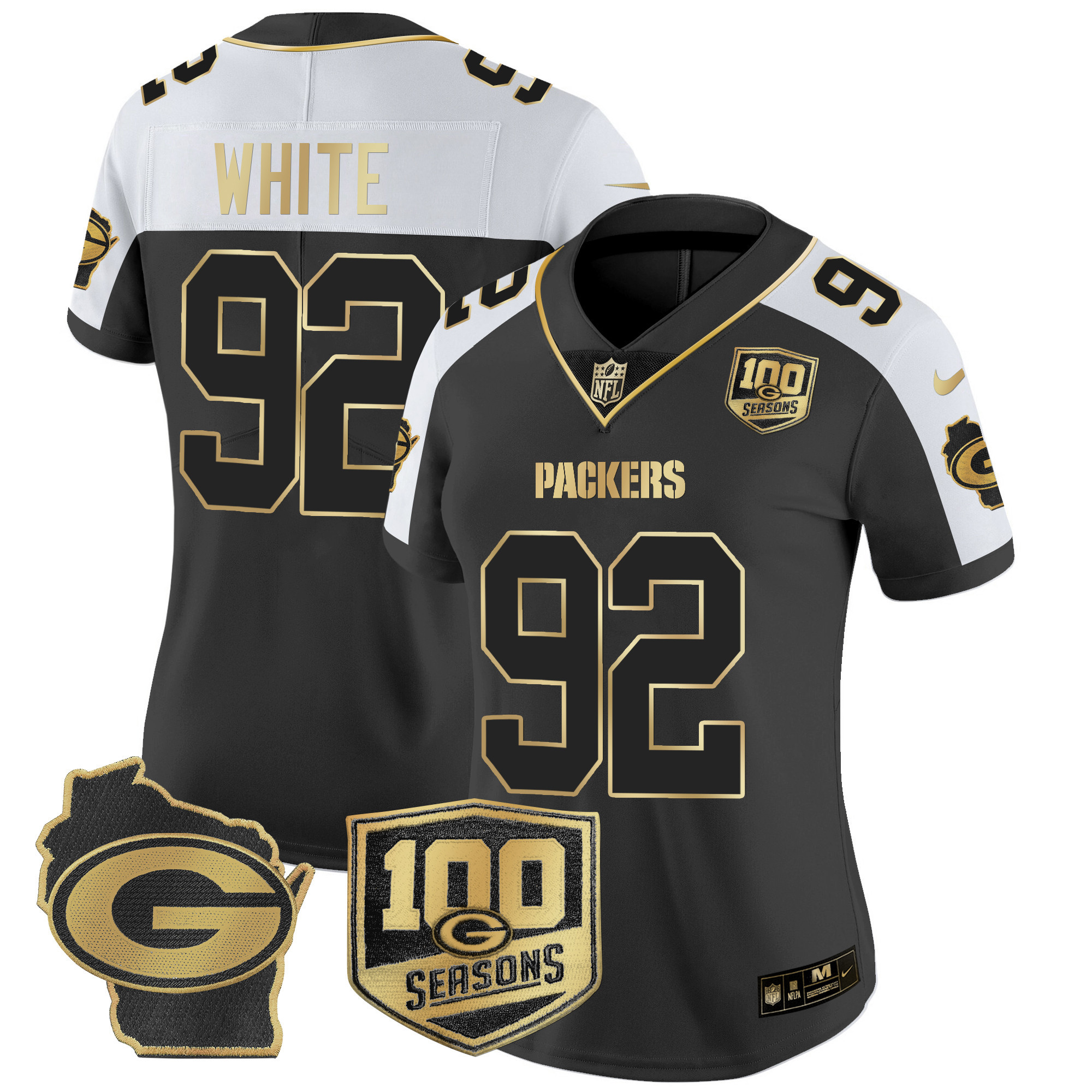 Women's Reggie White Green Bay Packers 100th Season & Home Patch Gold Vapor Limited Alternate Jersey – All Stitched