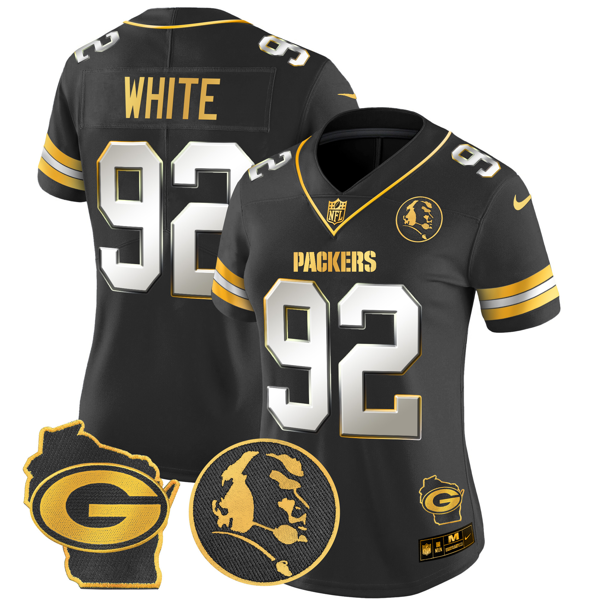 Women's Reggie White Green Bay Packers John Madden & Home Patch Gold Vapor Limited Black Limited Jersey - All Stitched